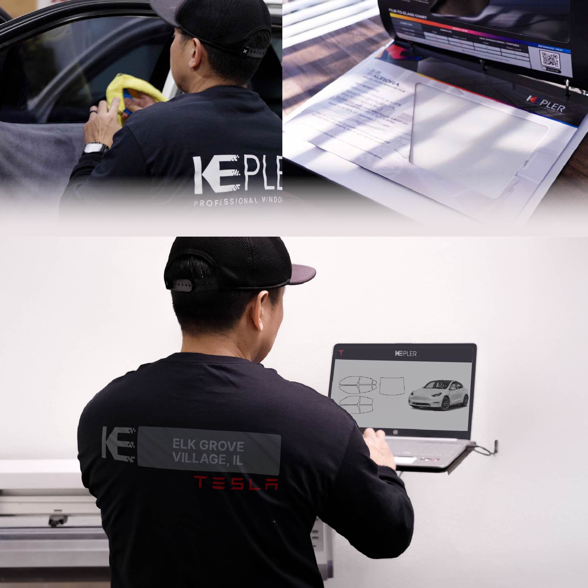 Expert Technician Fitting High-tech Window Tint to Tesla in Elk Grove Village