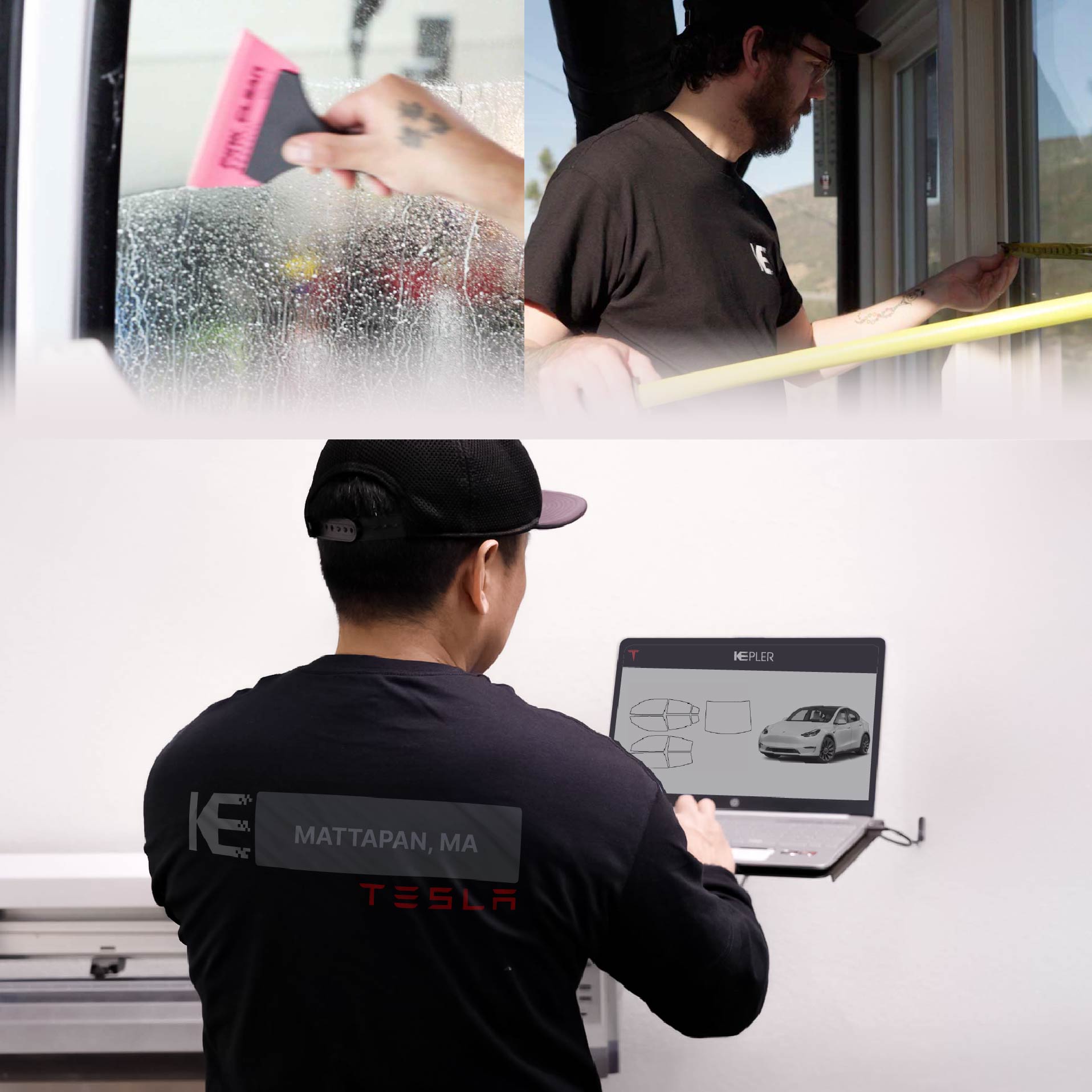 Expert Technician Fitting High-tech Window Tint to Tesla in Mattapan
