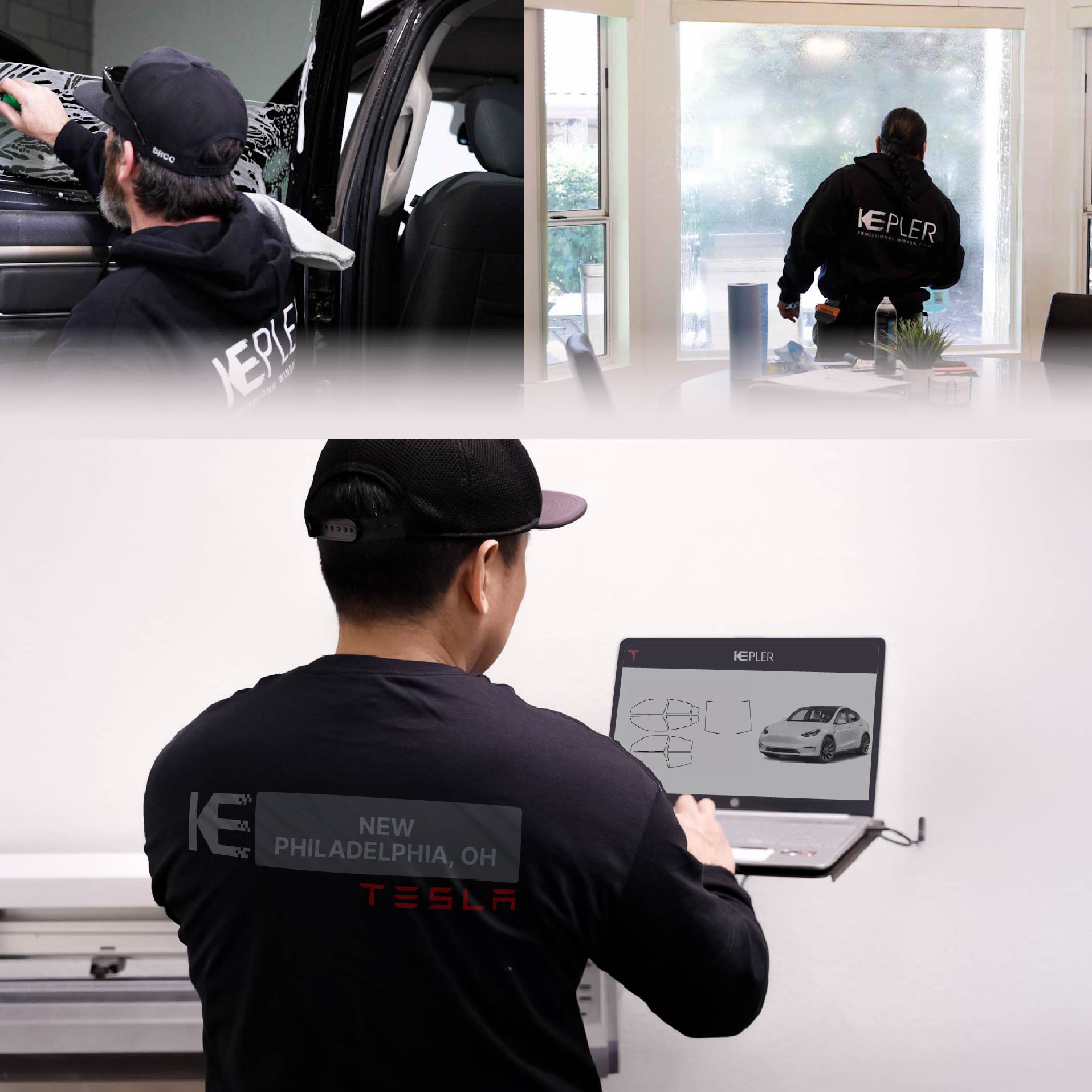 Expert Technician Installing High-tech Window Tint to Tesla in New Philadelphia