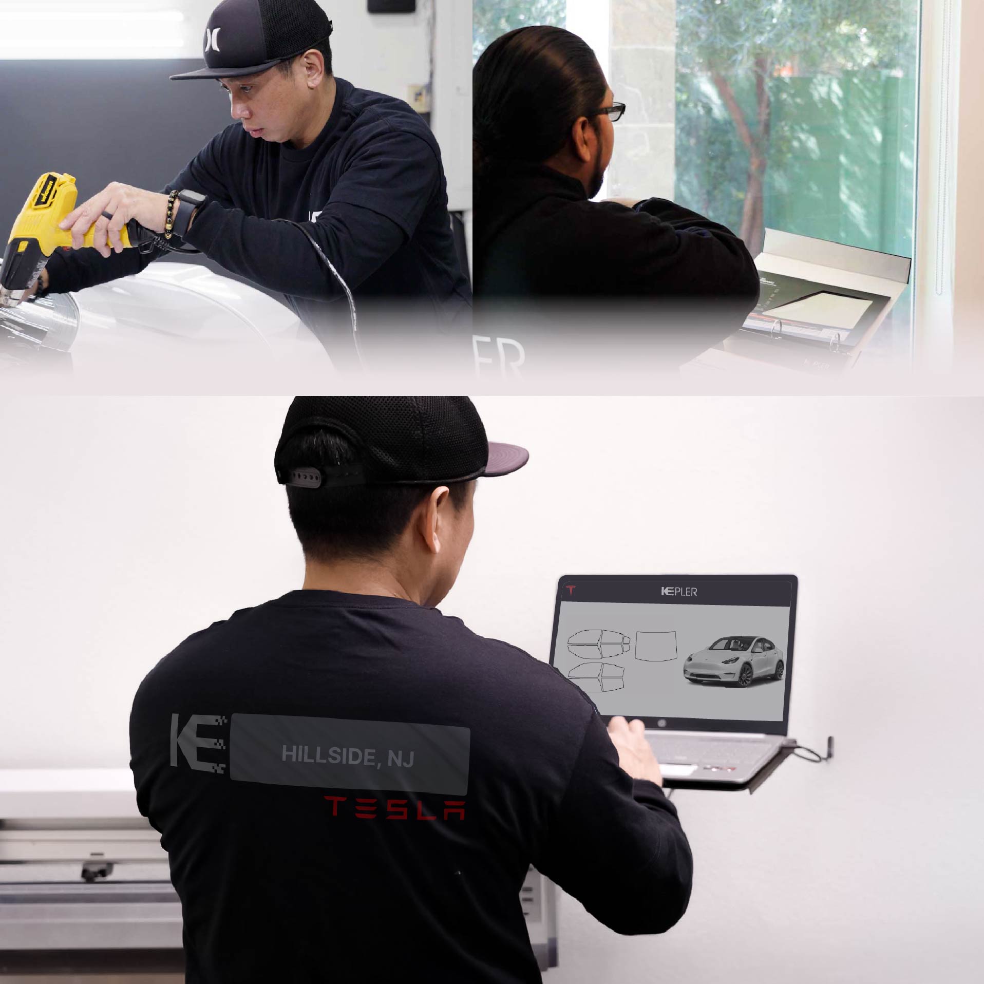 Kepler Technician Applying Ceramic Window Tint to Tesla in Hillside