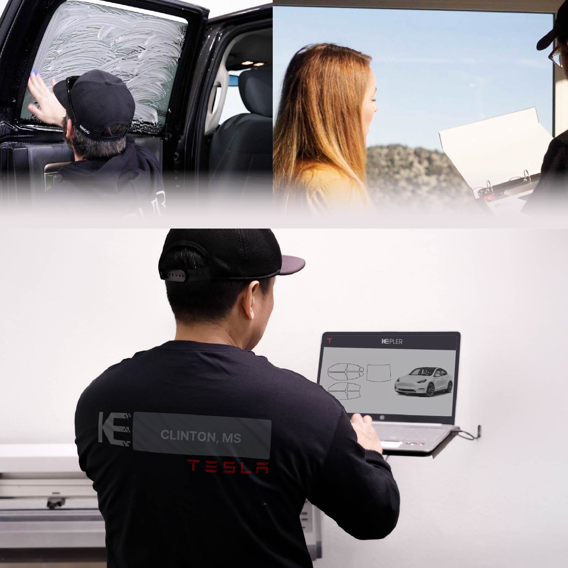 Expert Technician Fitting High-tech Window Tint to Tesla in Clinton