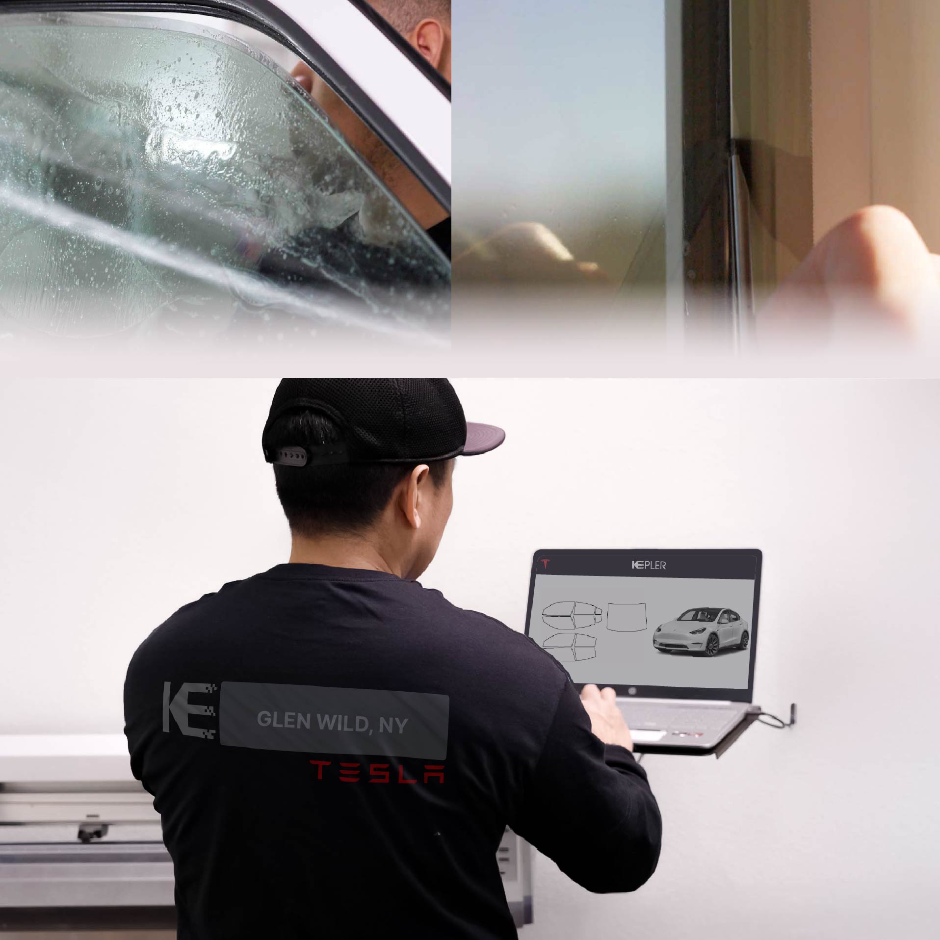 Kepler Technician Applying High-tech Window Tint to Tesla in Glen Wild