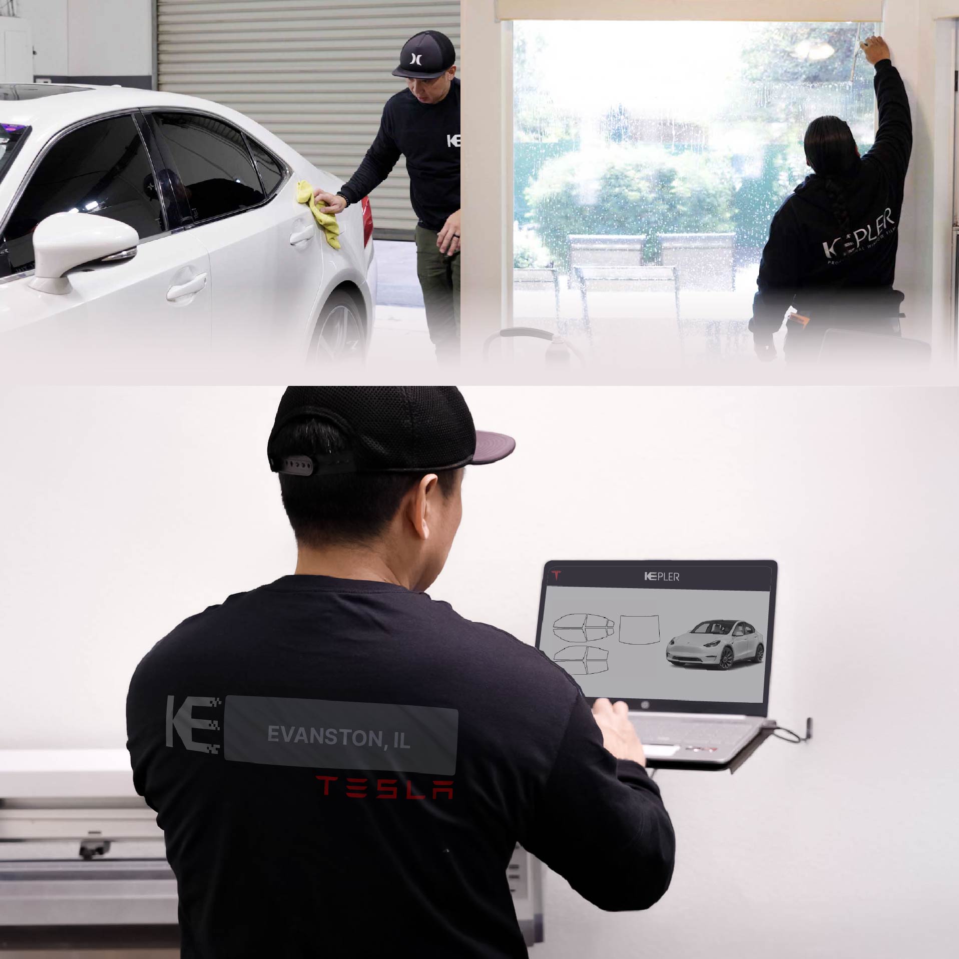 Expert Technician Installing High-tech Window Tint to Tesla in Evanston
