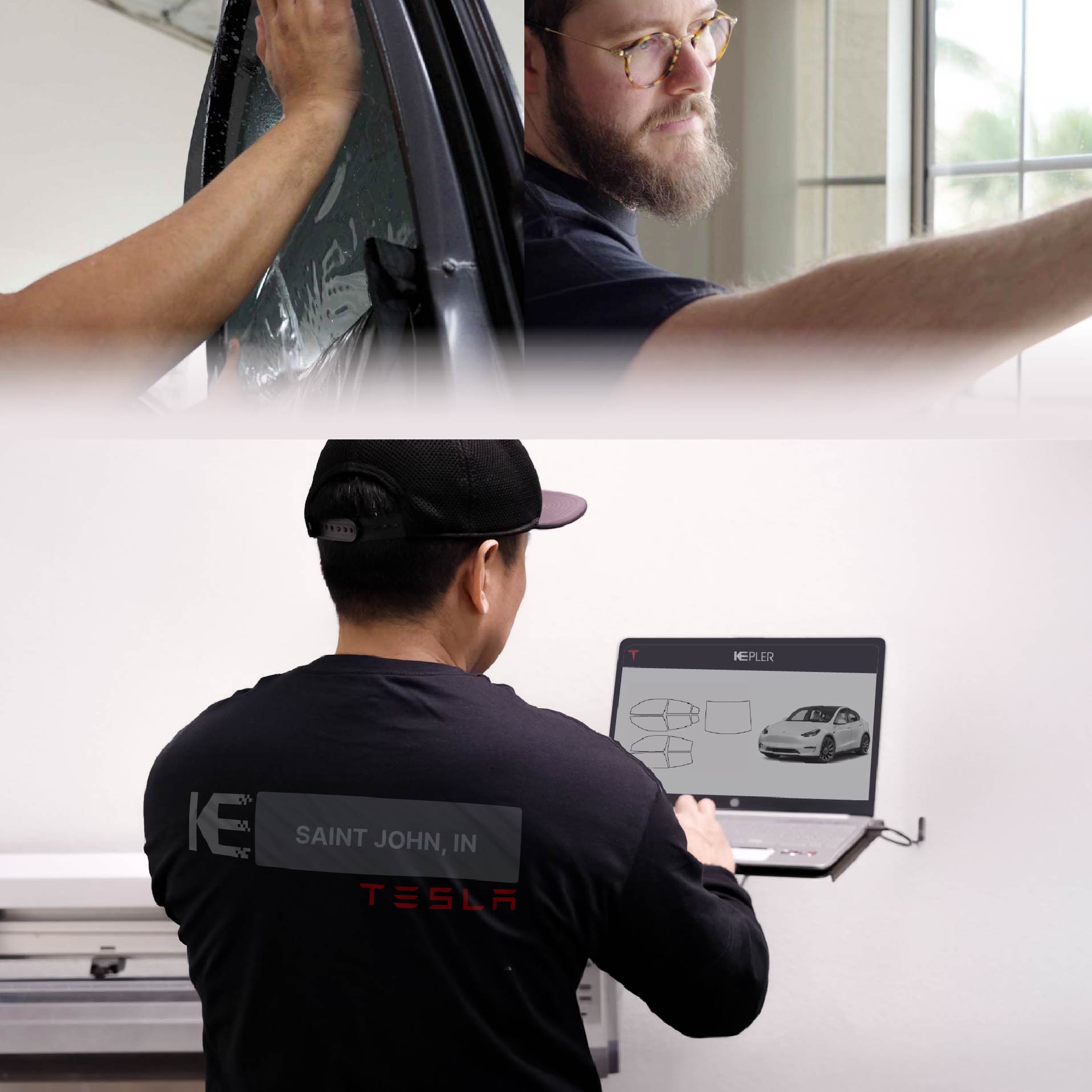 Expert Technician Applying Advanced Window Tint to Tesla in Saint John