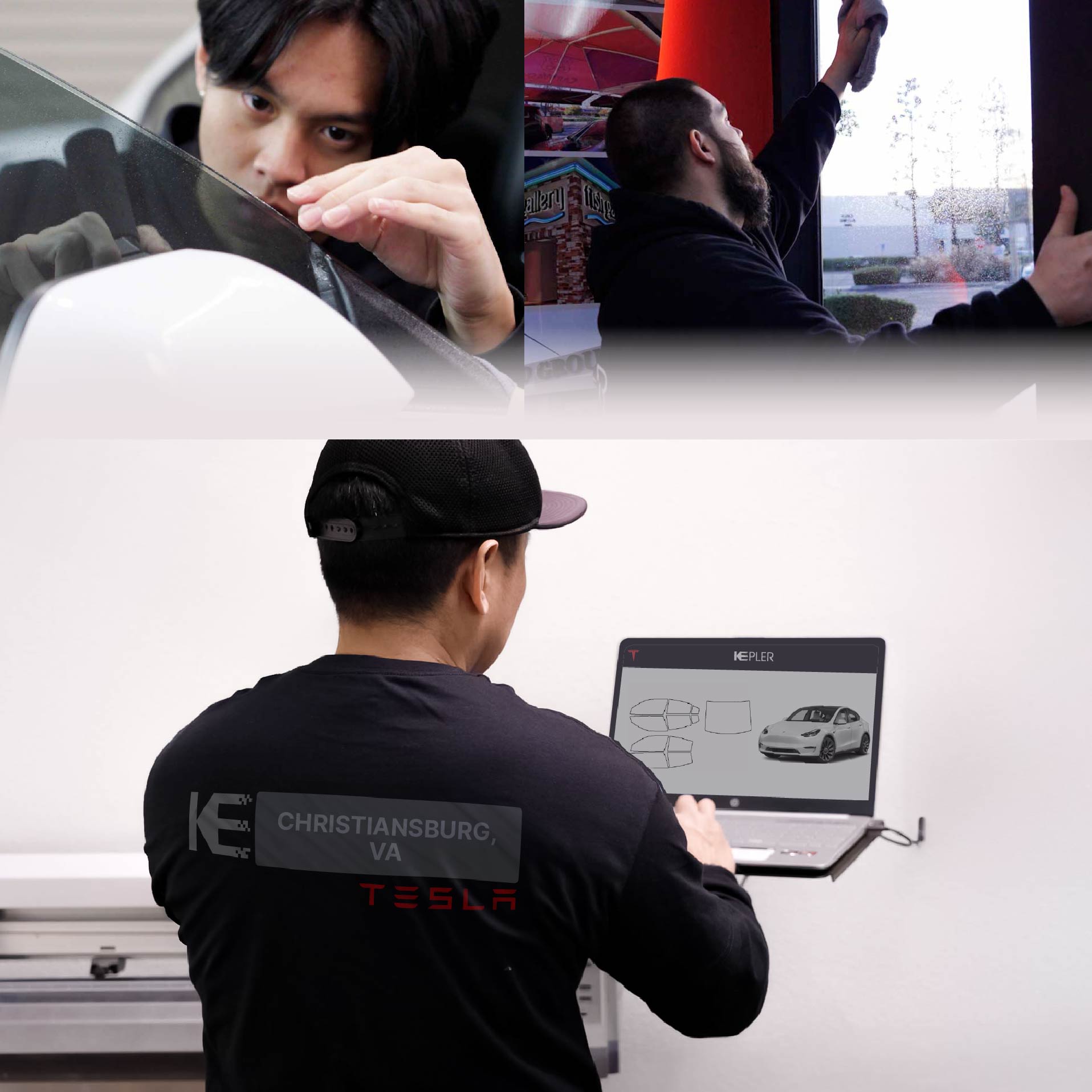 Expert Technician Fitting Ceramic Window Tint to Tesla in Christiansburg