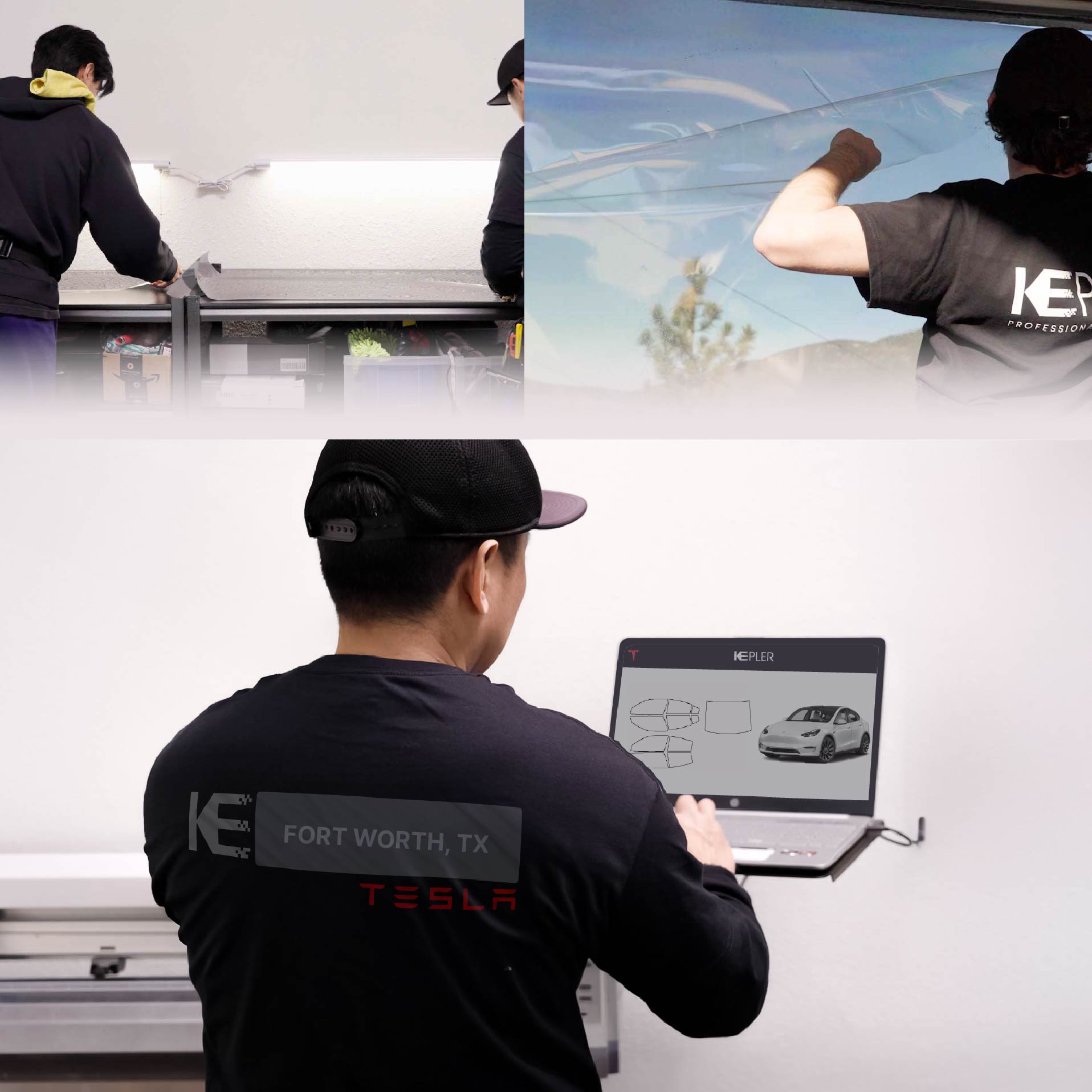 Expert Technician Applying Advanced Window Tint to Tesla in Fort Worth