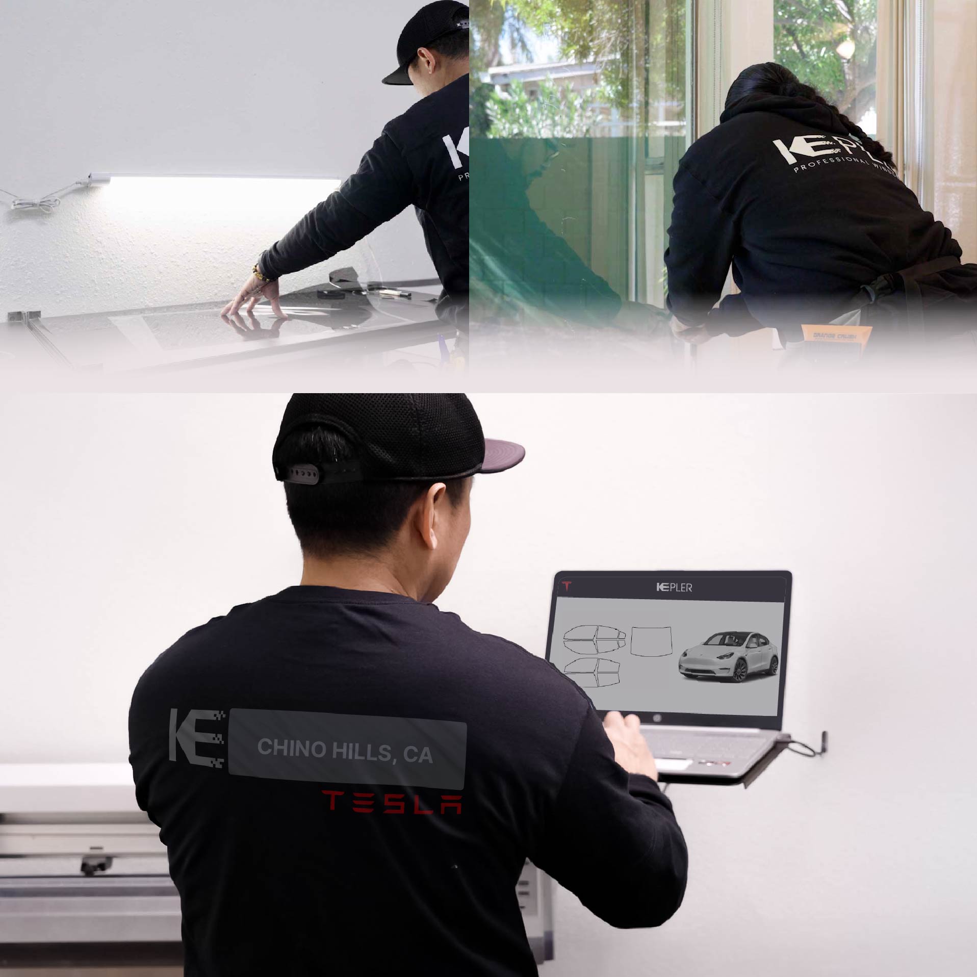 Expert Technician Fitting Ceramic Window Tint to Tesla in Chino Hills
