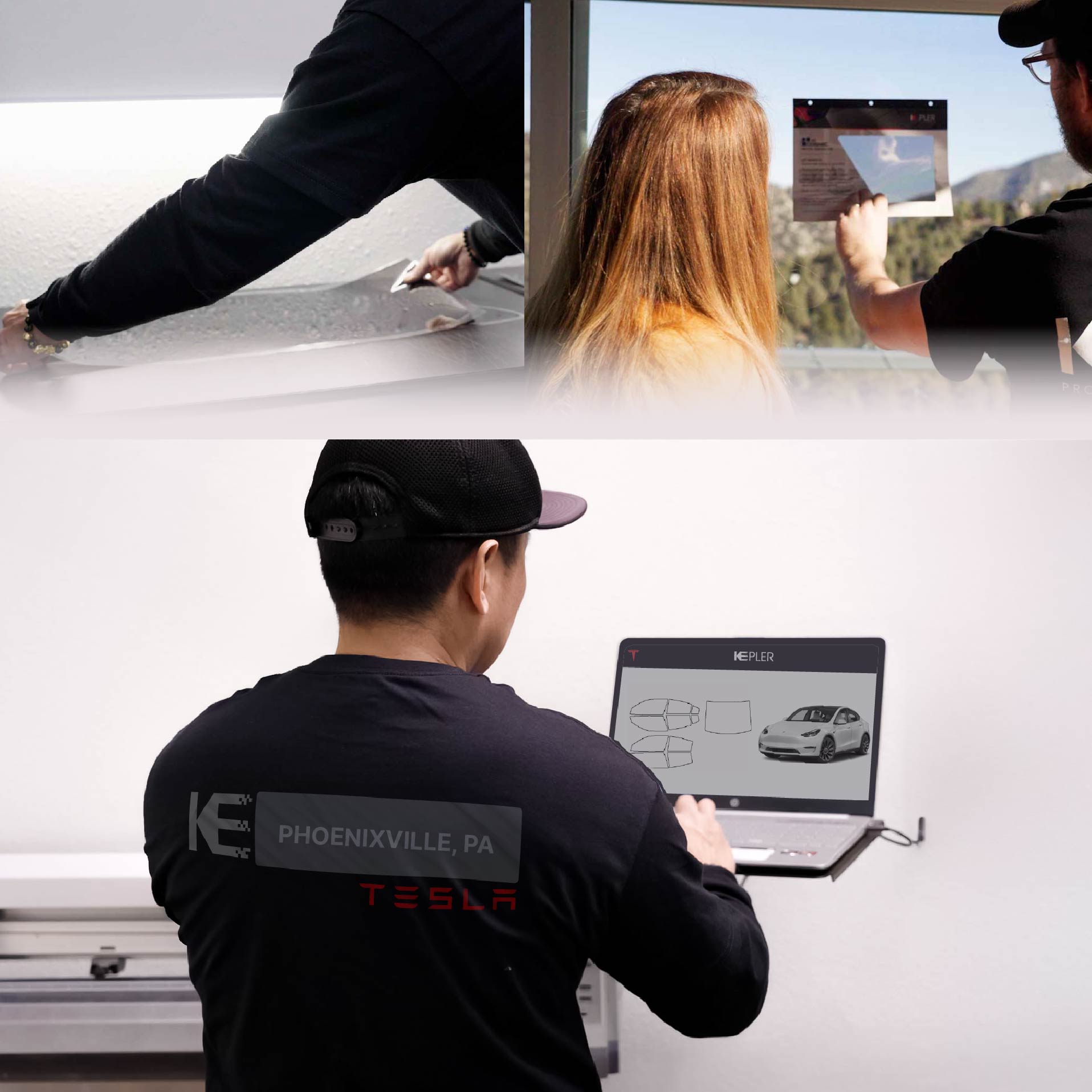 Expert Technician Applying Advanced Window Tint to Tesla in Phoenixville
