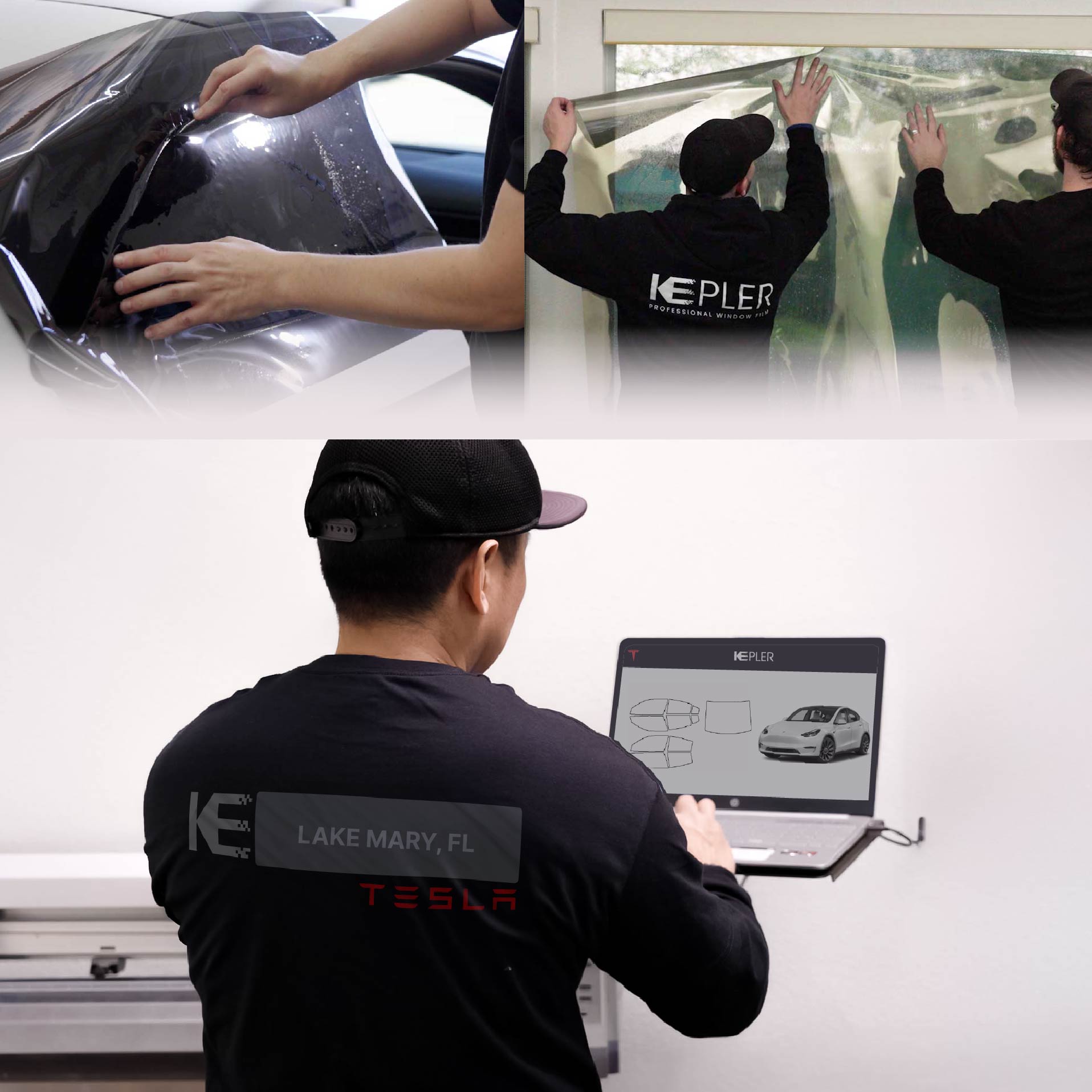 Kepler Technician Fitting Ceramic Window Tint to Tesla in Lake Mary
