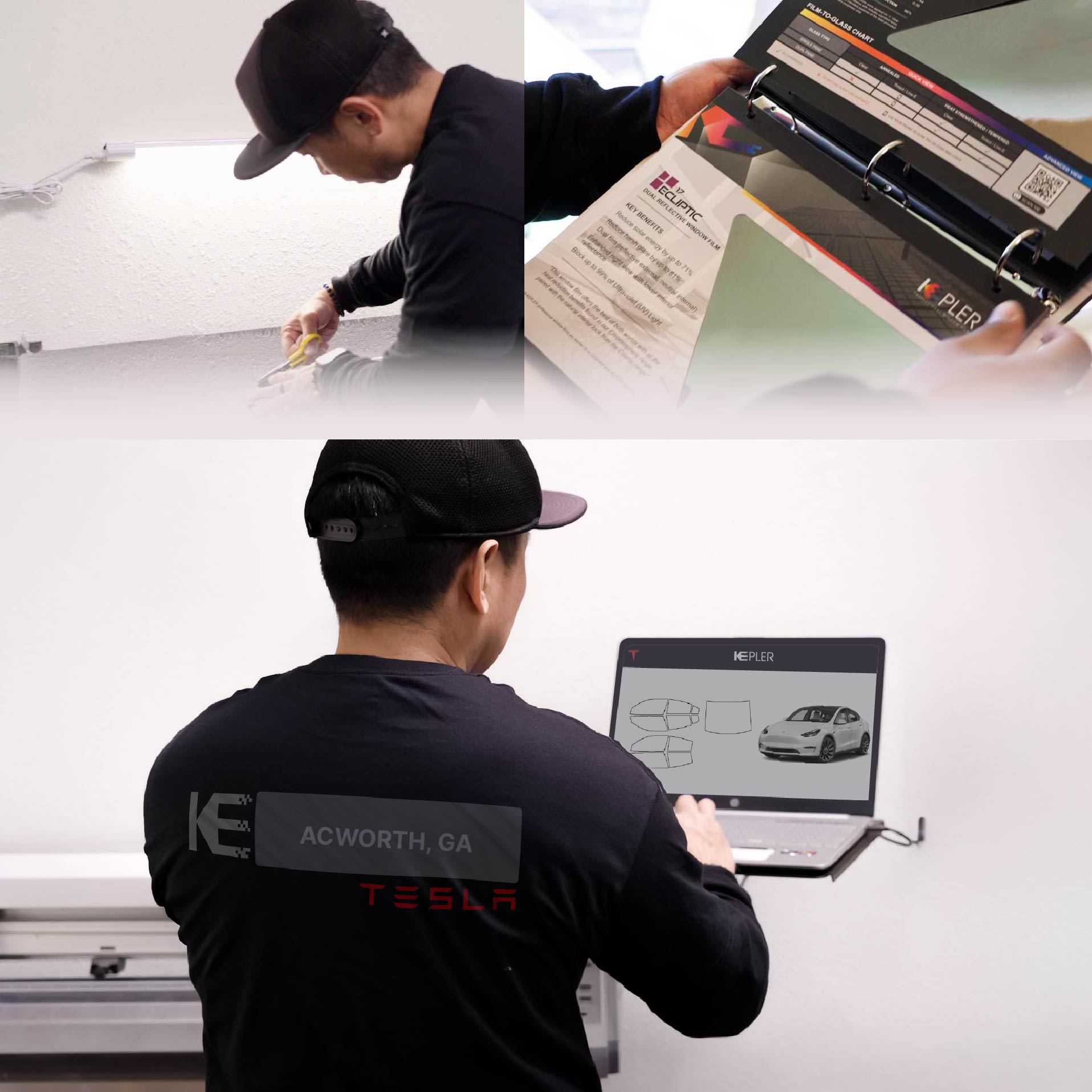Expert Technician Fitting Advanced Window Tint to Tesla in Acworth