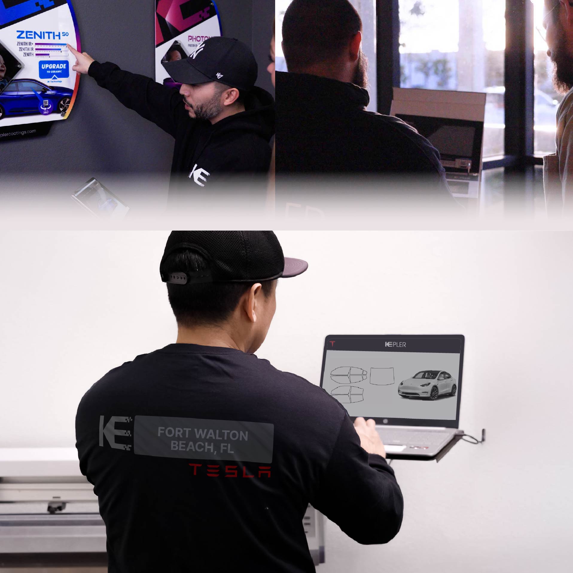Kepler Technician Installing High-tech Window Tint to Tesla in Fort Walton Beach