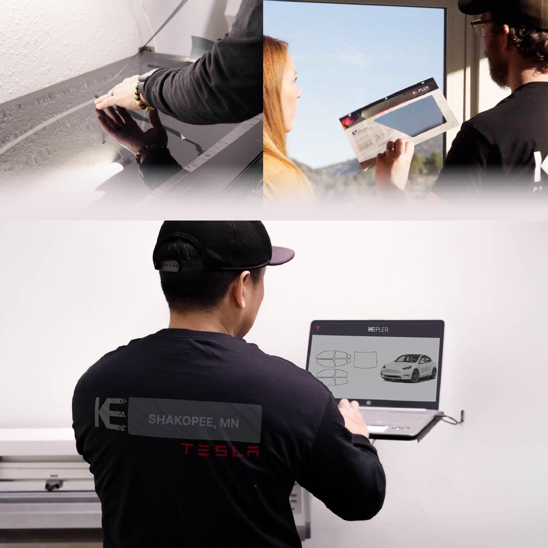 Kepler Technician Fitting Advanced Window Tint to Tesla in Shakopee
