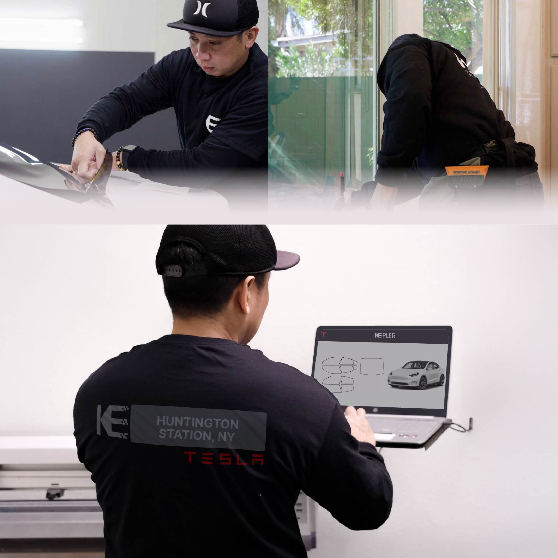 Kepler Technician Fitting Ceramic Window Tint to Tesla in Huntington Station