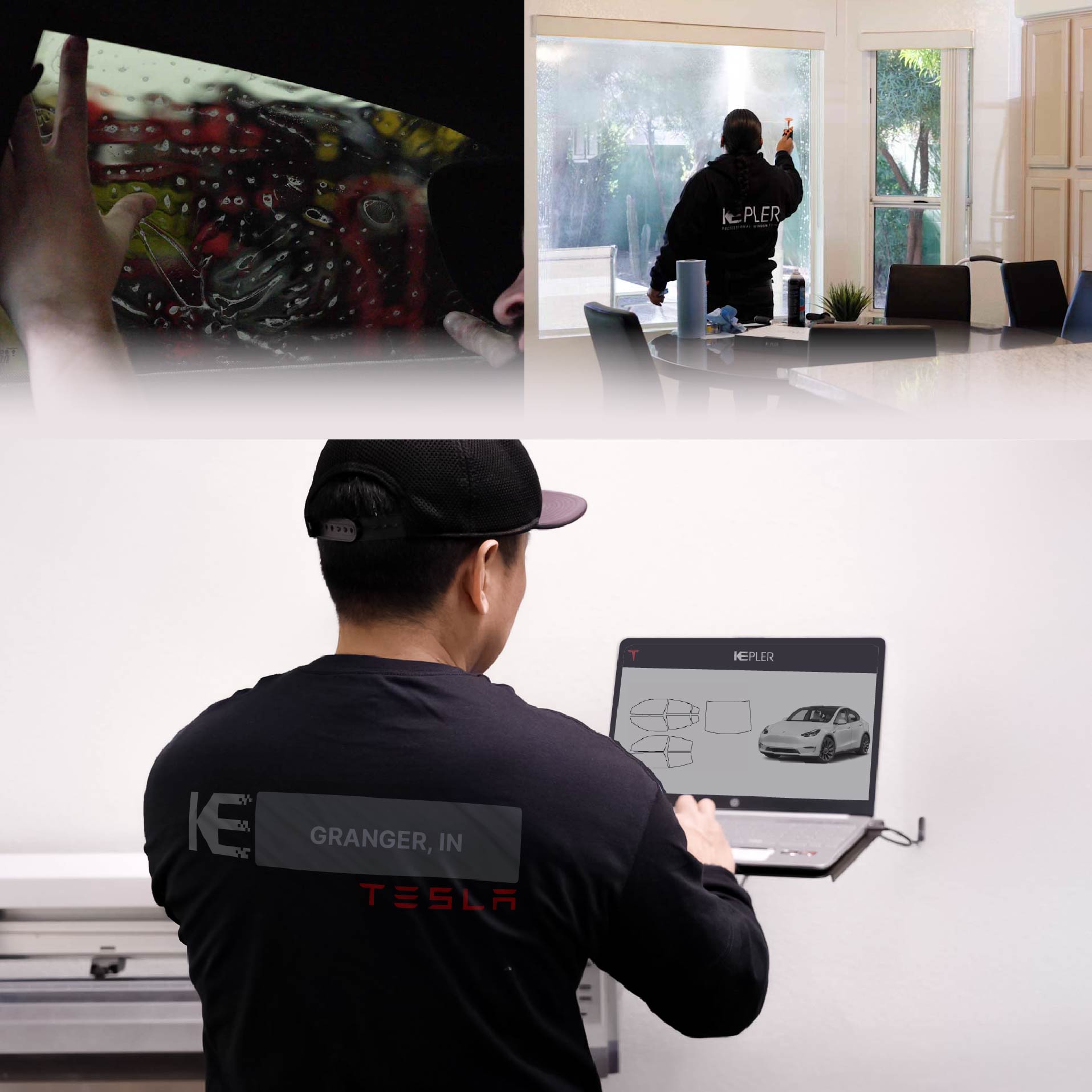 Expert Technician Installing Ceramic Window Tint to Tesla in Granger