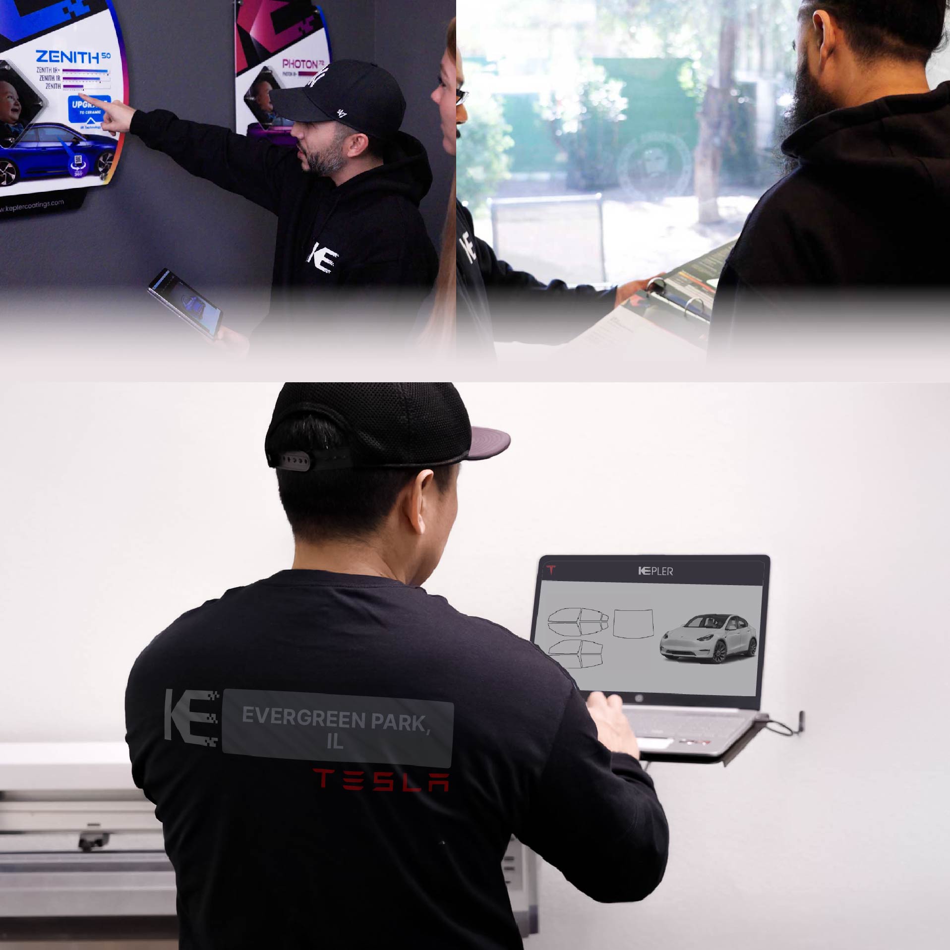 Kepler Technician Installing High-tech Window Tint to Tesla in Evergreen Park