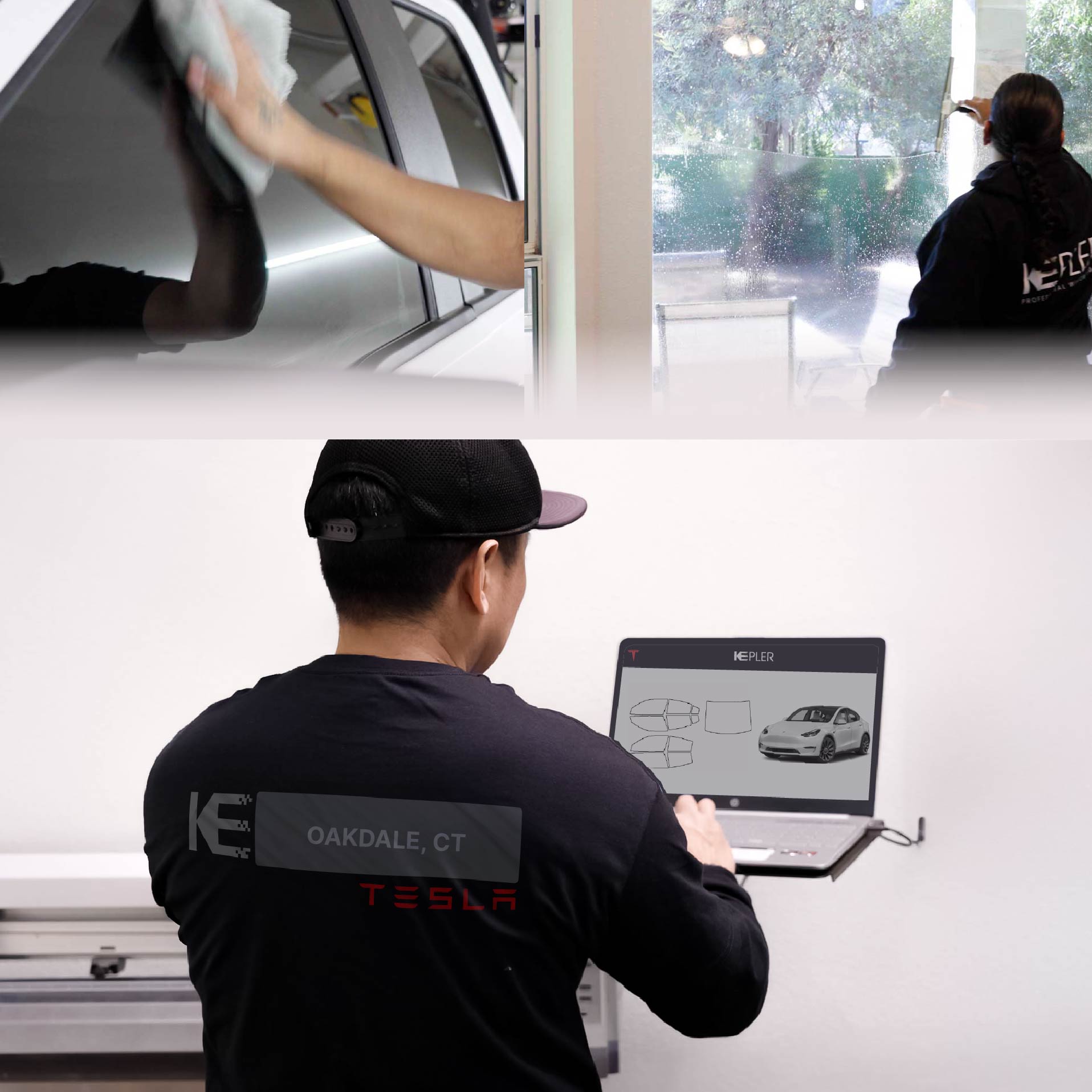 Expert Technician Installing Ceramic Window Tint to Tesla in Oakdale