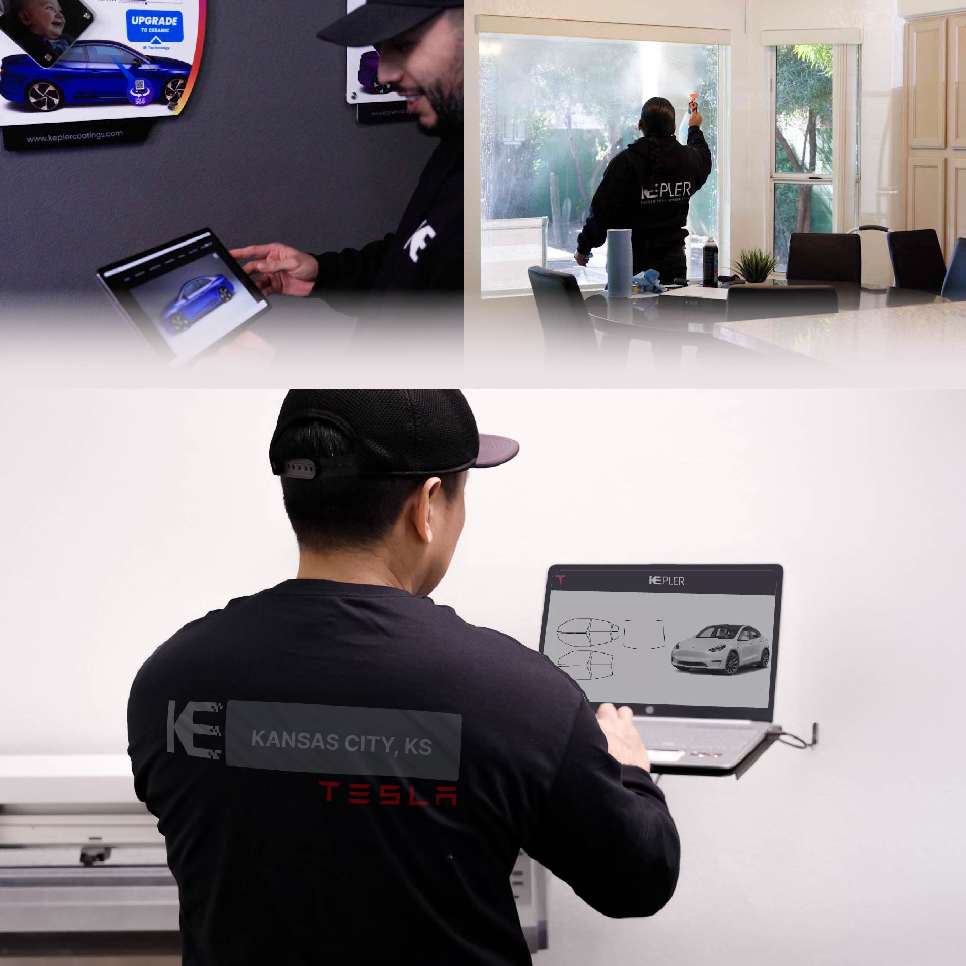 Expert Technician Applying Ceramic Window Tint to Tesla in Kansas City