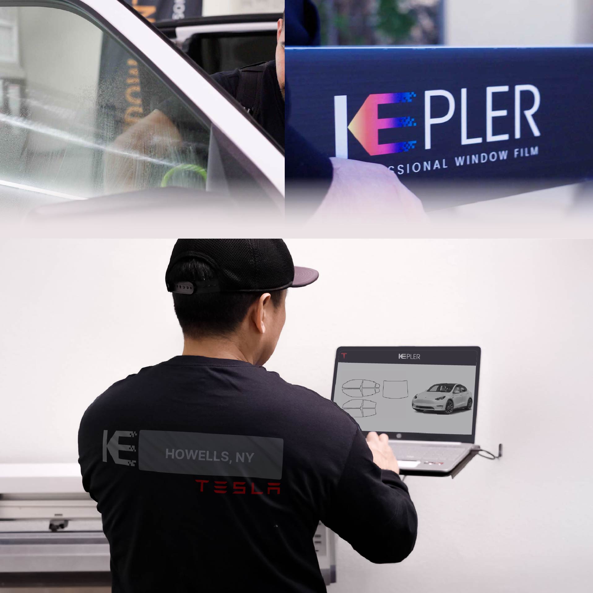 Expert Technician Fitting Ceramic Window Tint to Tesla in Howells