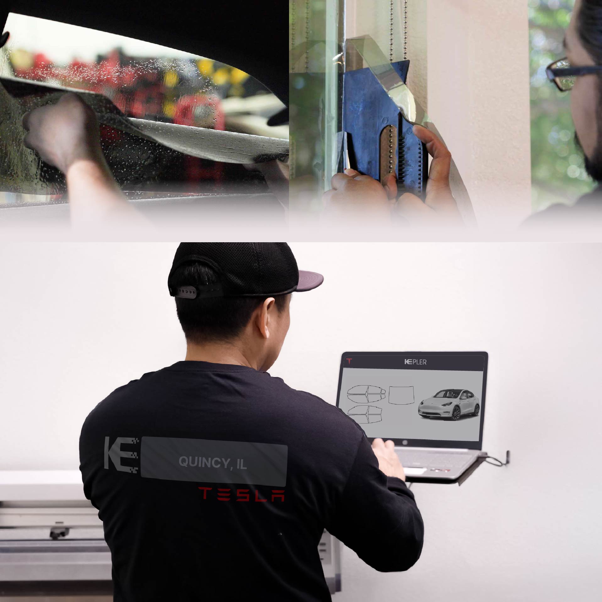 Kepler Technician Fitting Ceramic Window Tint to Tesla in Quincy