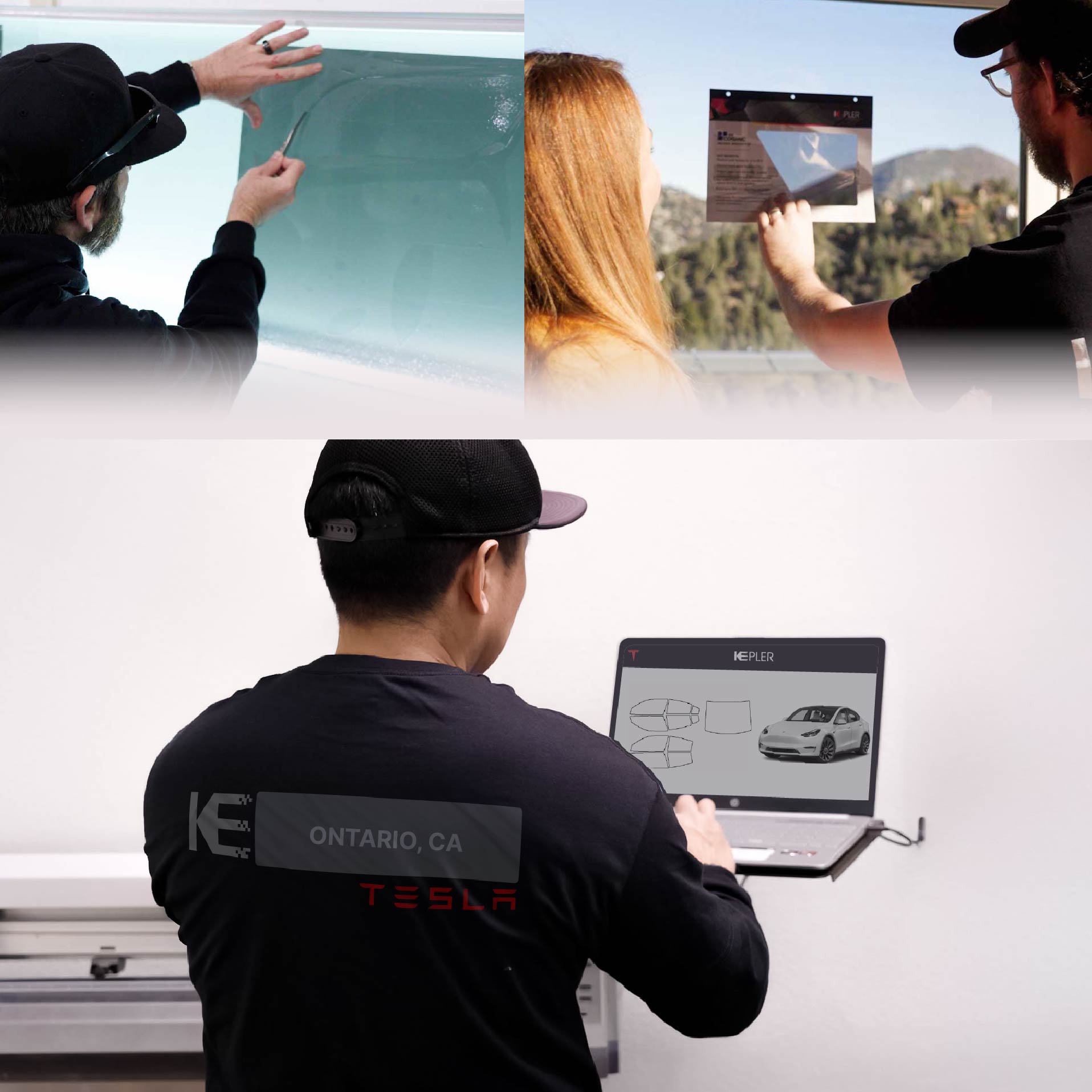 Expert Technician Installing Advanced Window Tint to Tesla in Ontario