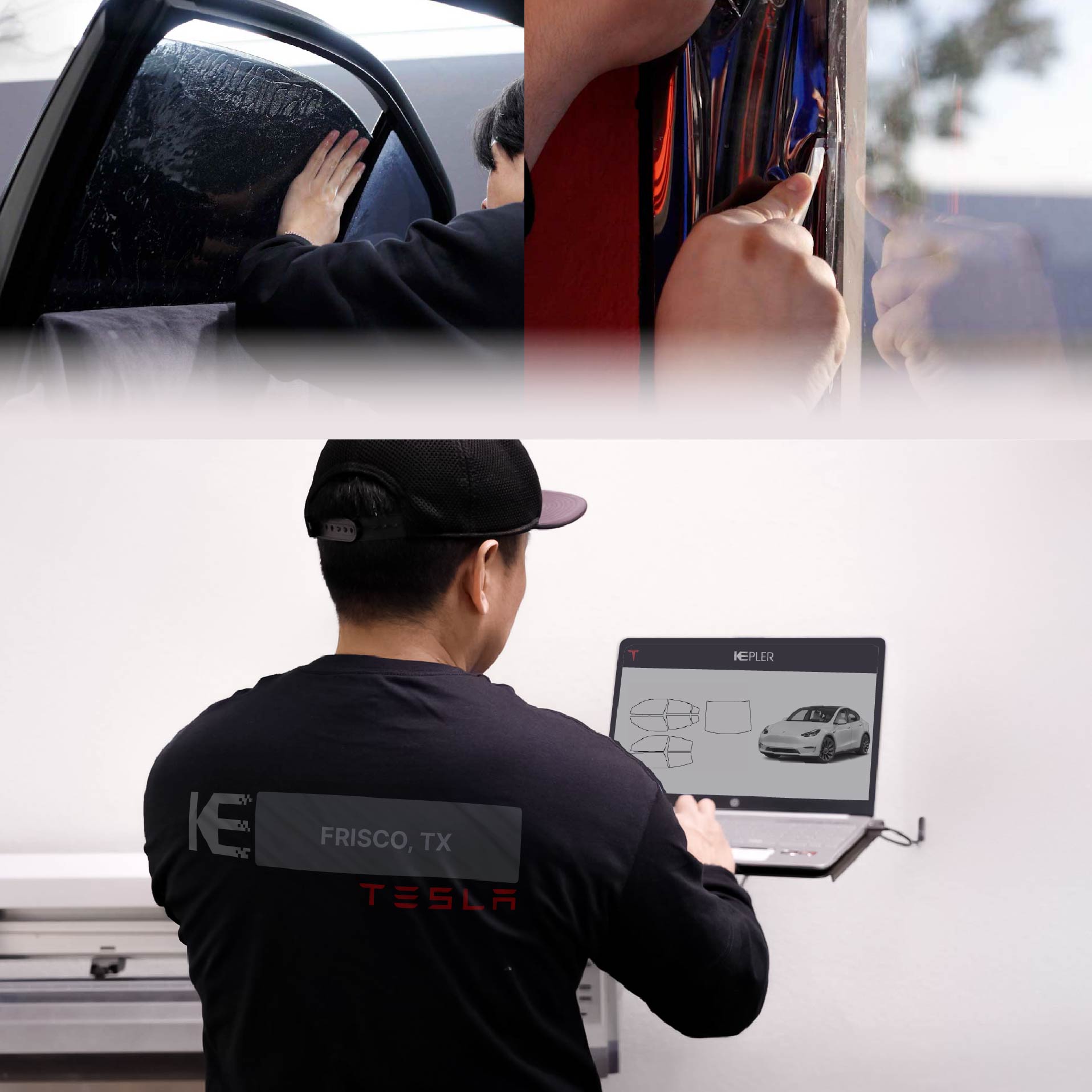 Expert Technician Installing Advanced Window Tint to Tesla in Frisco