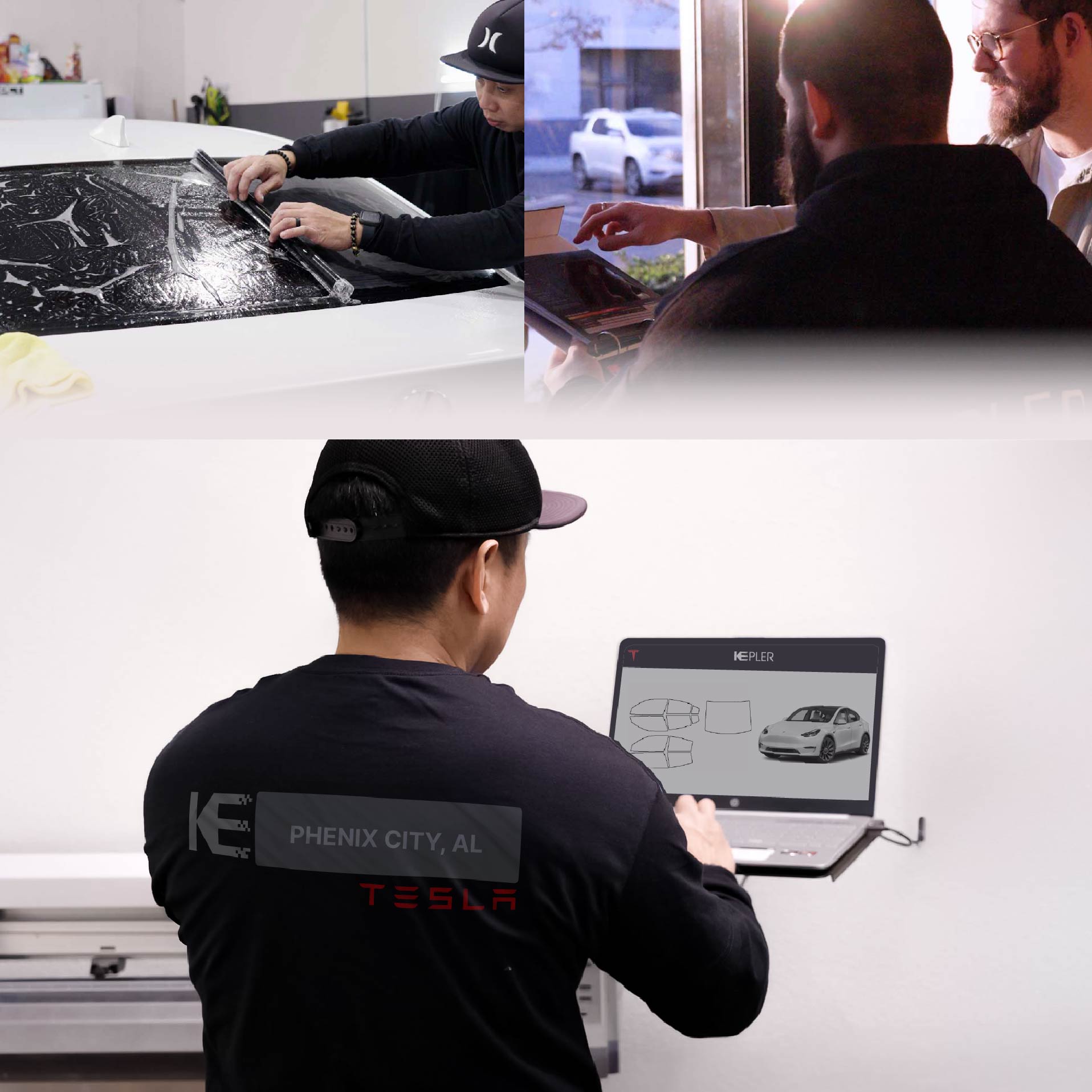 Expert Technician Applying Ceramic Window Tint to Tesla in Phenix City