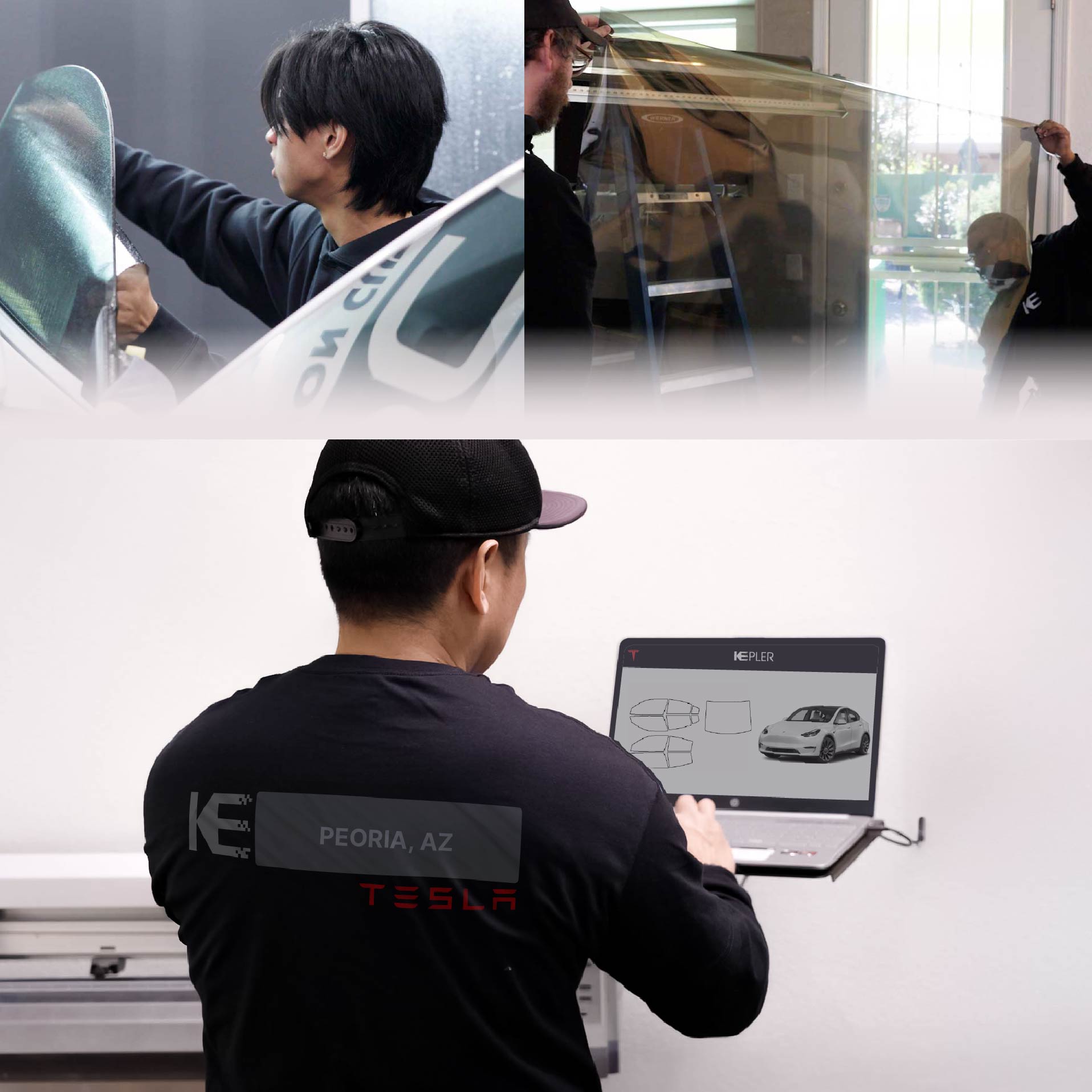 Kepler Technician Installing Ceramic Window Tint to Tesla in Peoria