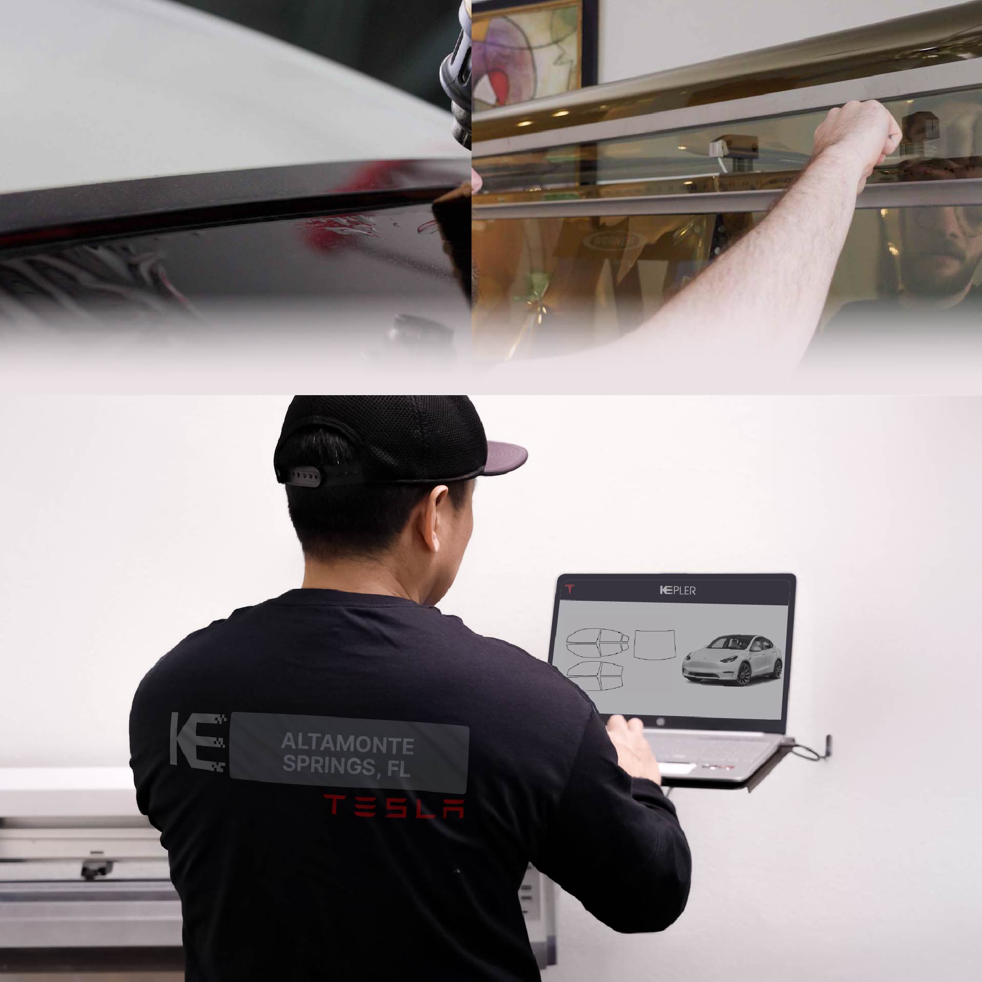 Kepler Technician Fitting Advanced Window Tint to Tesla in Altamonte Springs