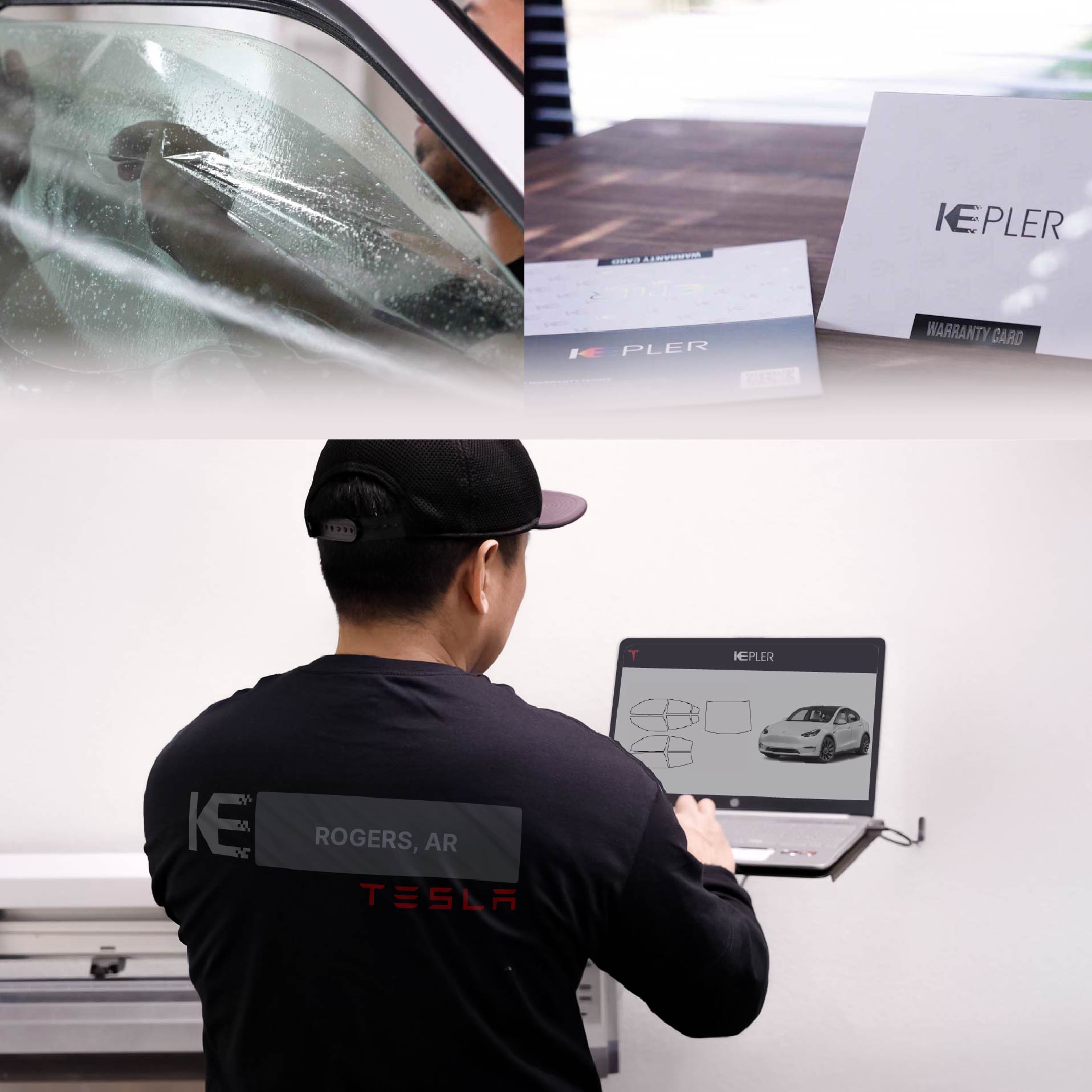 Expert Technician Applying High-tech Window Tint to Tesla in Rogers