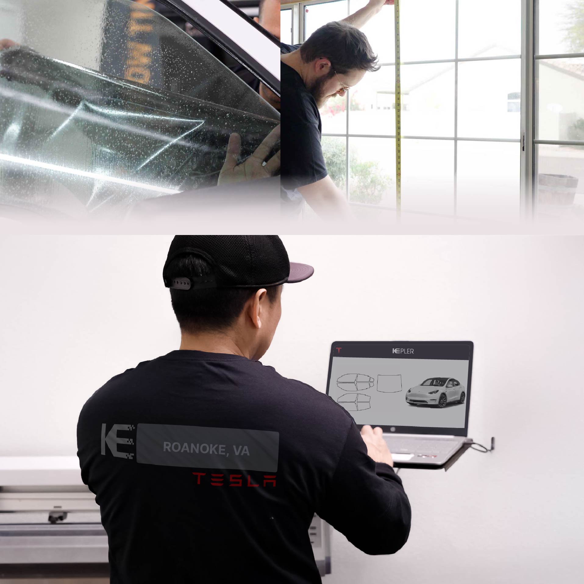 Expert Technician Installing Ceramic Window Tint to Tesla in Roanoke