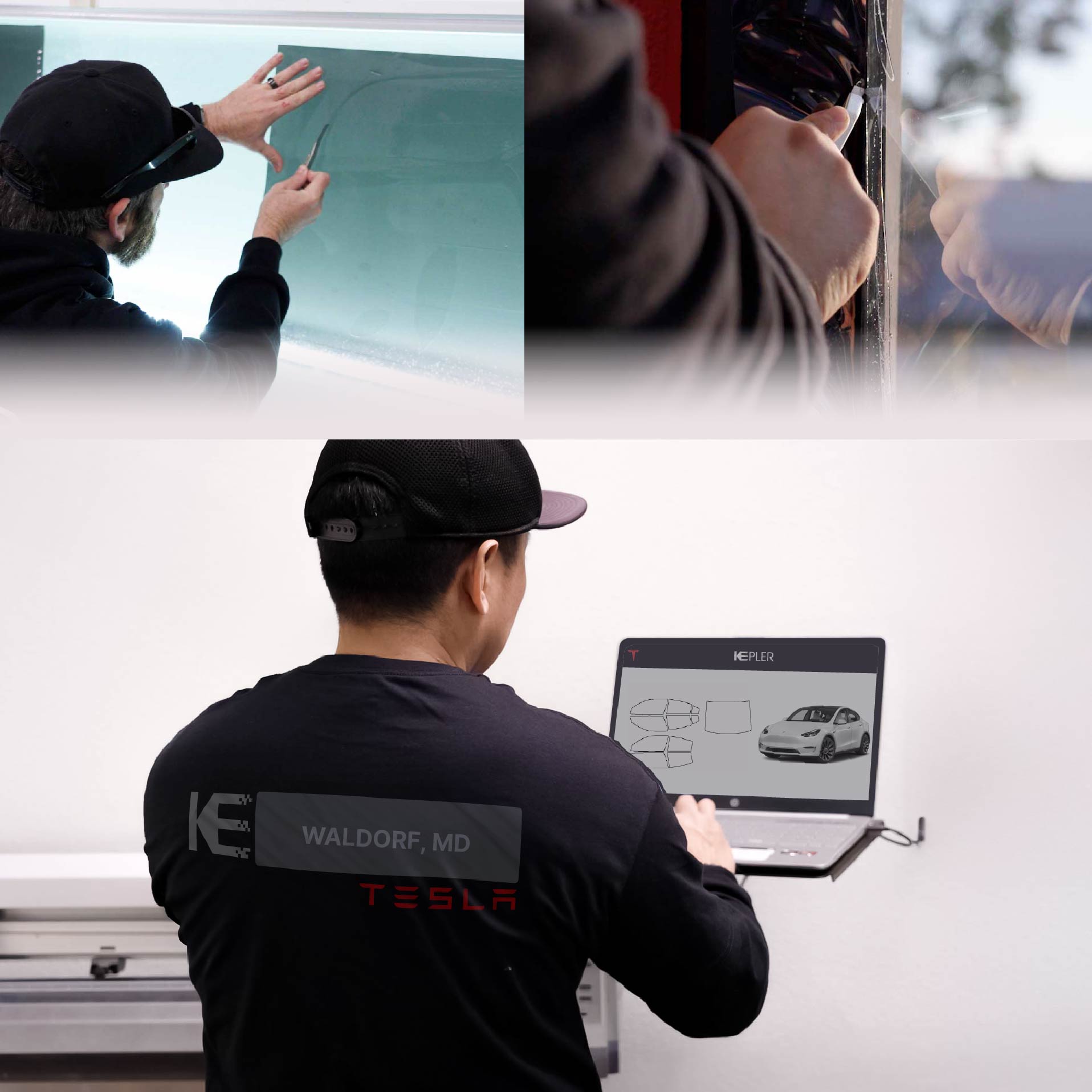 Expert Technician Fitting Advanced Window Tint to Tesla in Waldorf