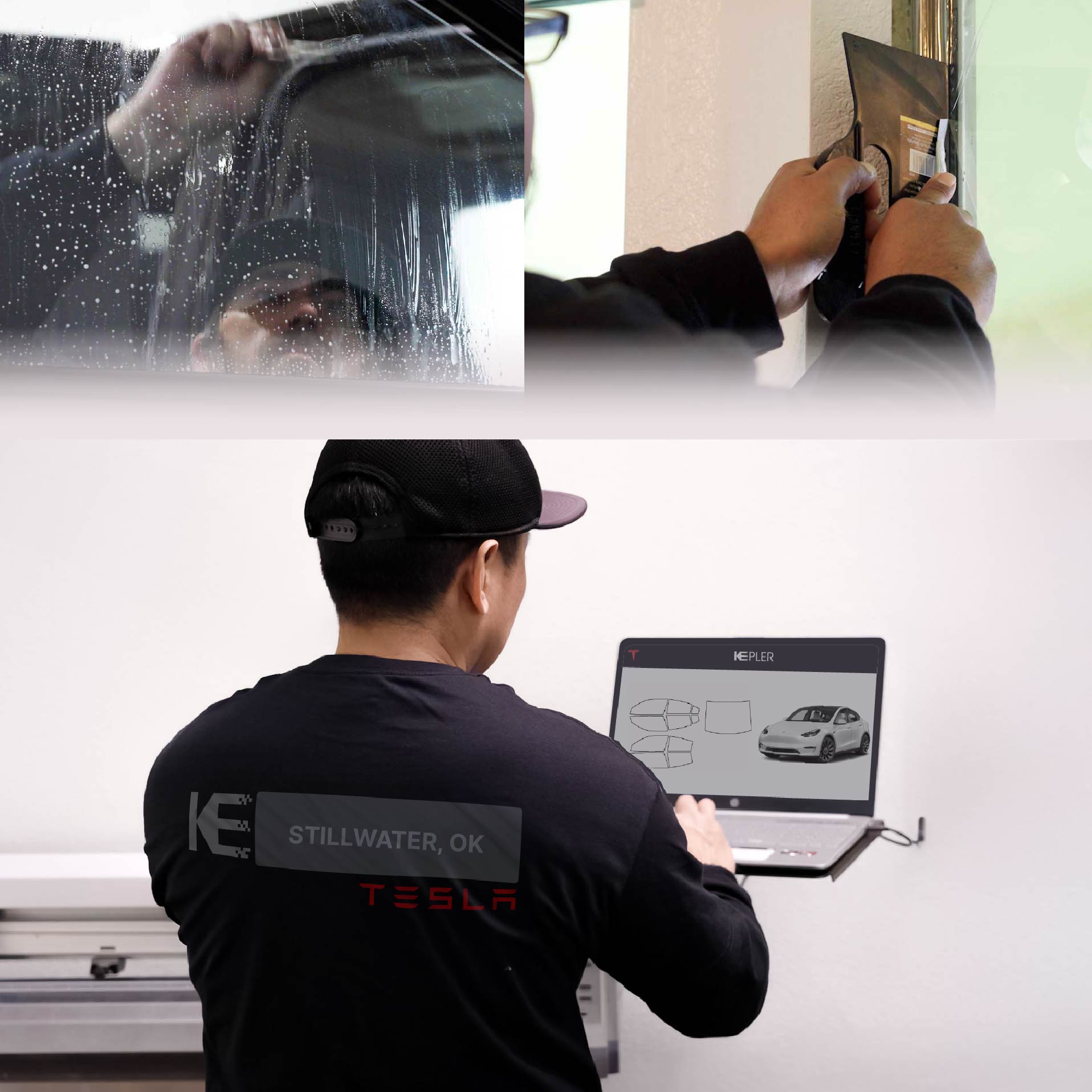 Expert Technician Fitting High-tech Window Tint to Tesla in Stillwater