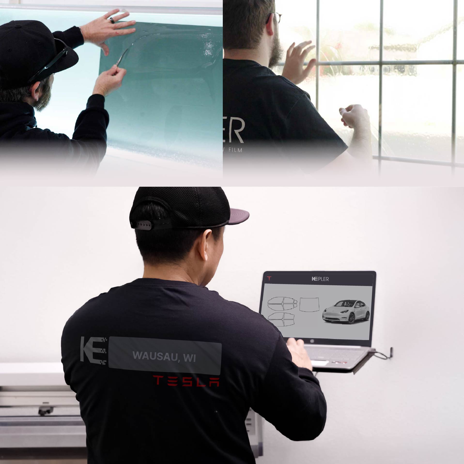 Expert Technician Fitting Ceramic Window Tint to Tesla in Wausau