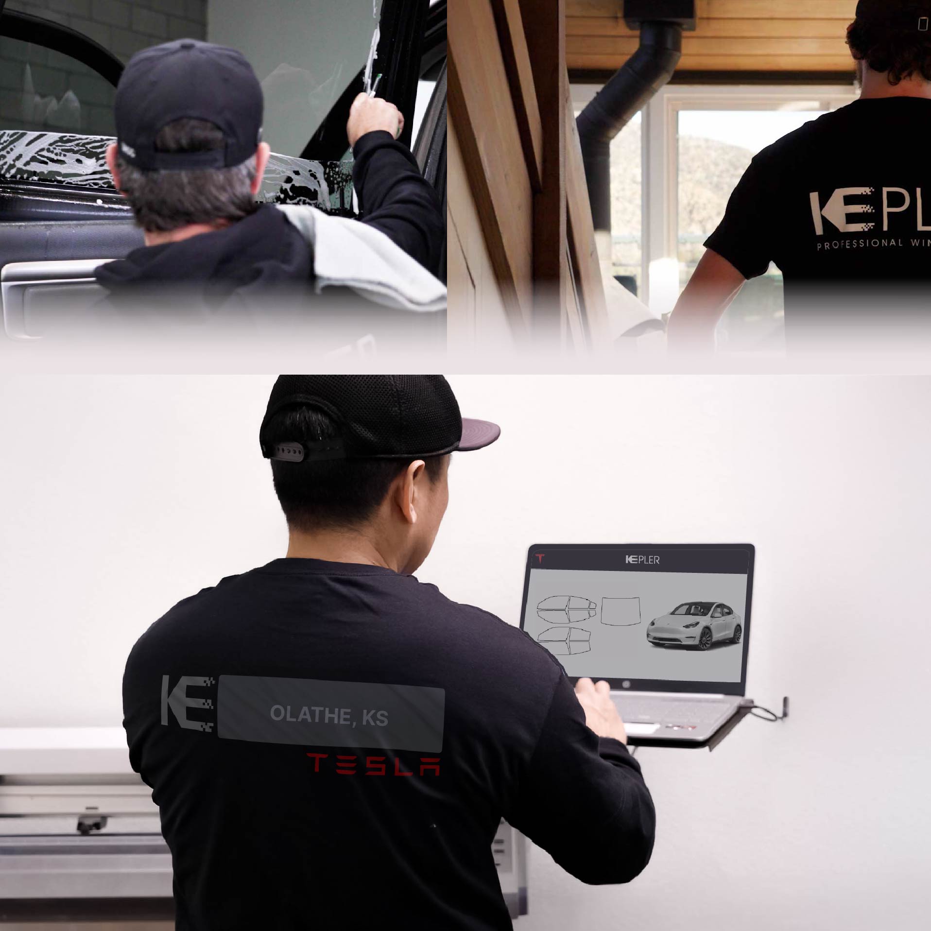 Kepler Technician Applying Ceramic Window Tint to Tesla in Olathe