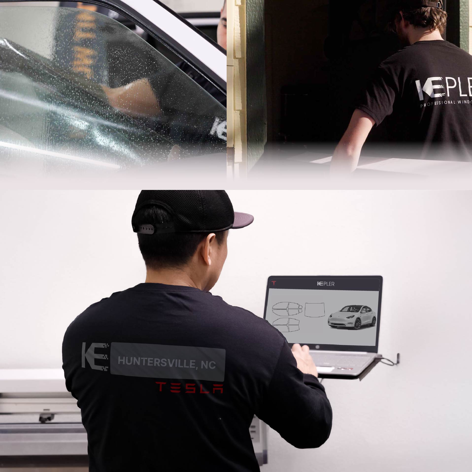 Kepler Technician Applying Ceramic Window Tint to Tesla in Huntersville