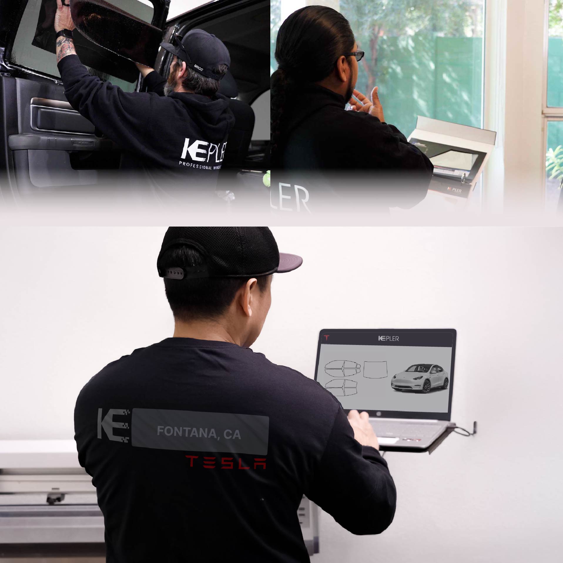Expert Technician Applying Advanced Window Tint to Tesla in Fontana