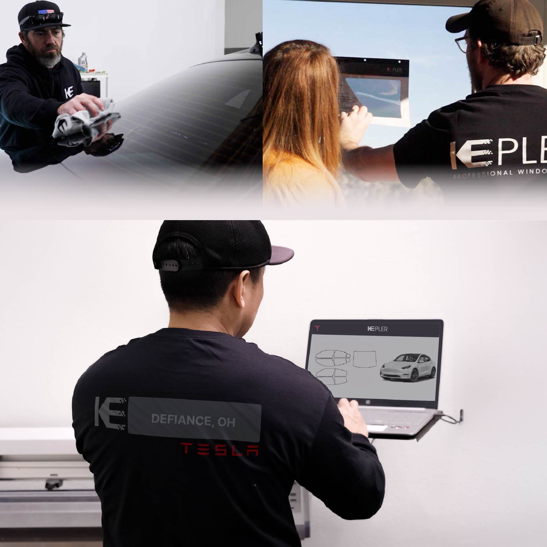Kepler Technician Fitting Ceramic Window Tint to Tesla in Defiance