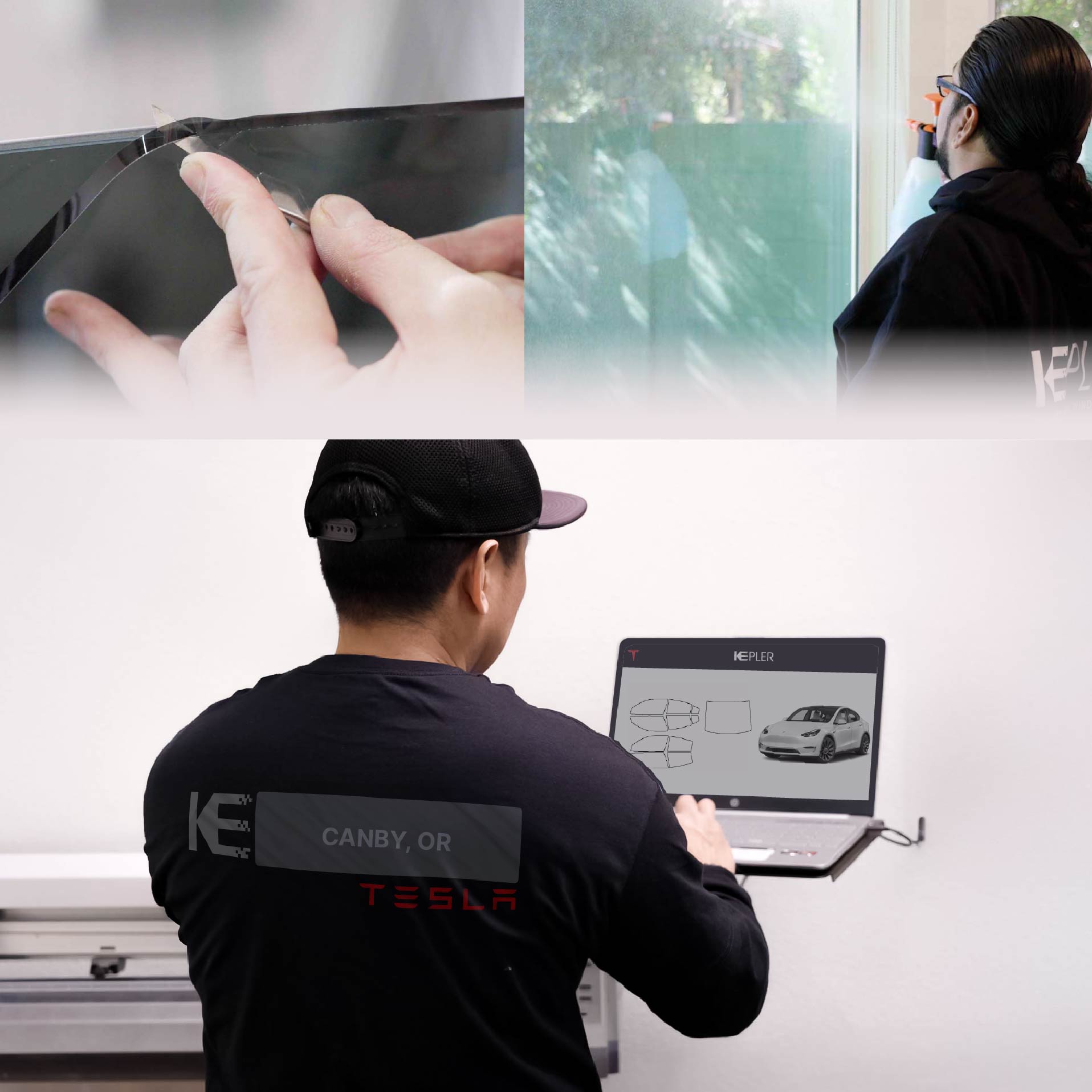 Expert Technician Applying Advanced Window Tint to Tesla in Canby