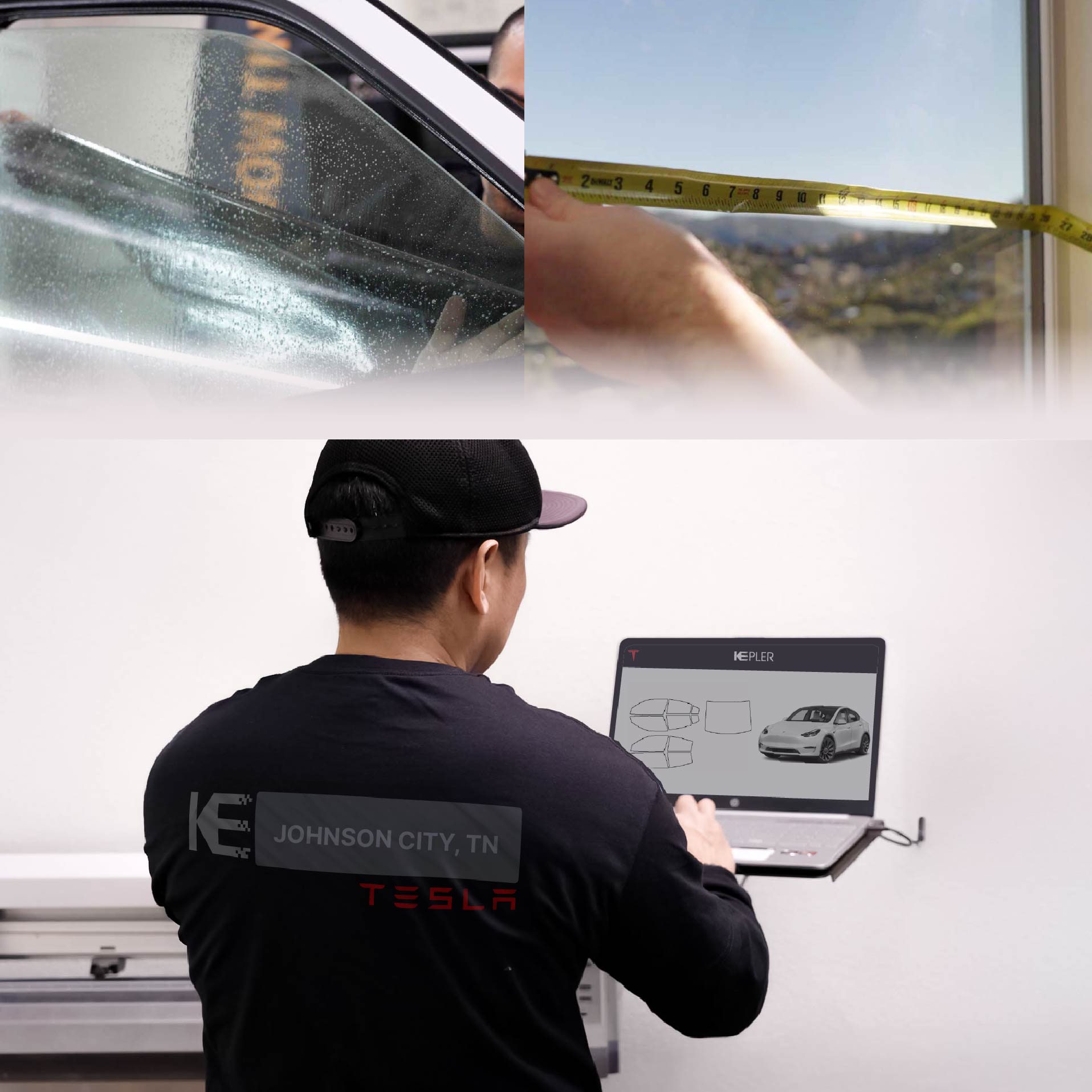 Expert Technician Applying Ceramic Window Tint to Tesla in Johnson City
