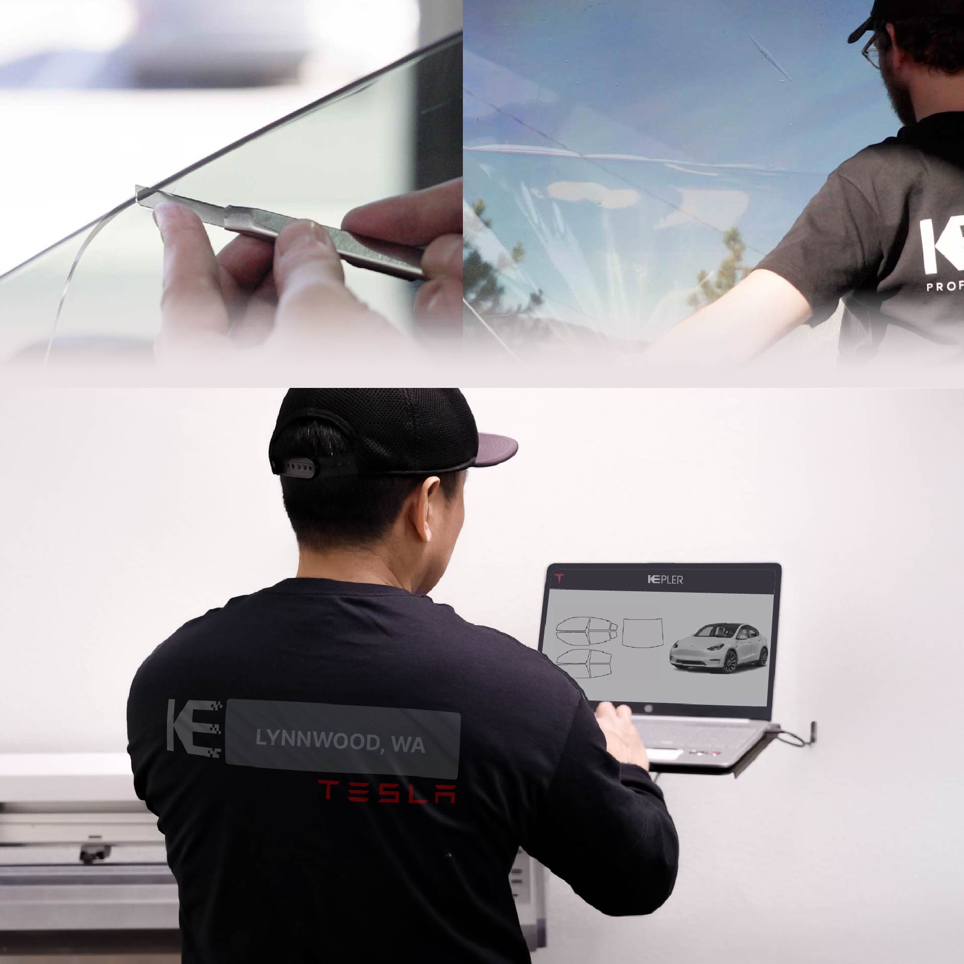Kepler Technician Applying Advanced Window Tint to Tesla in Lynnwood