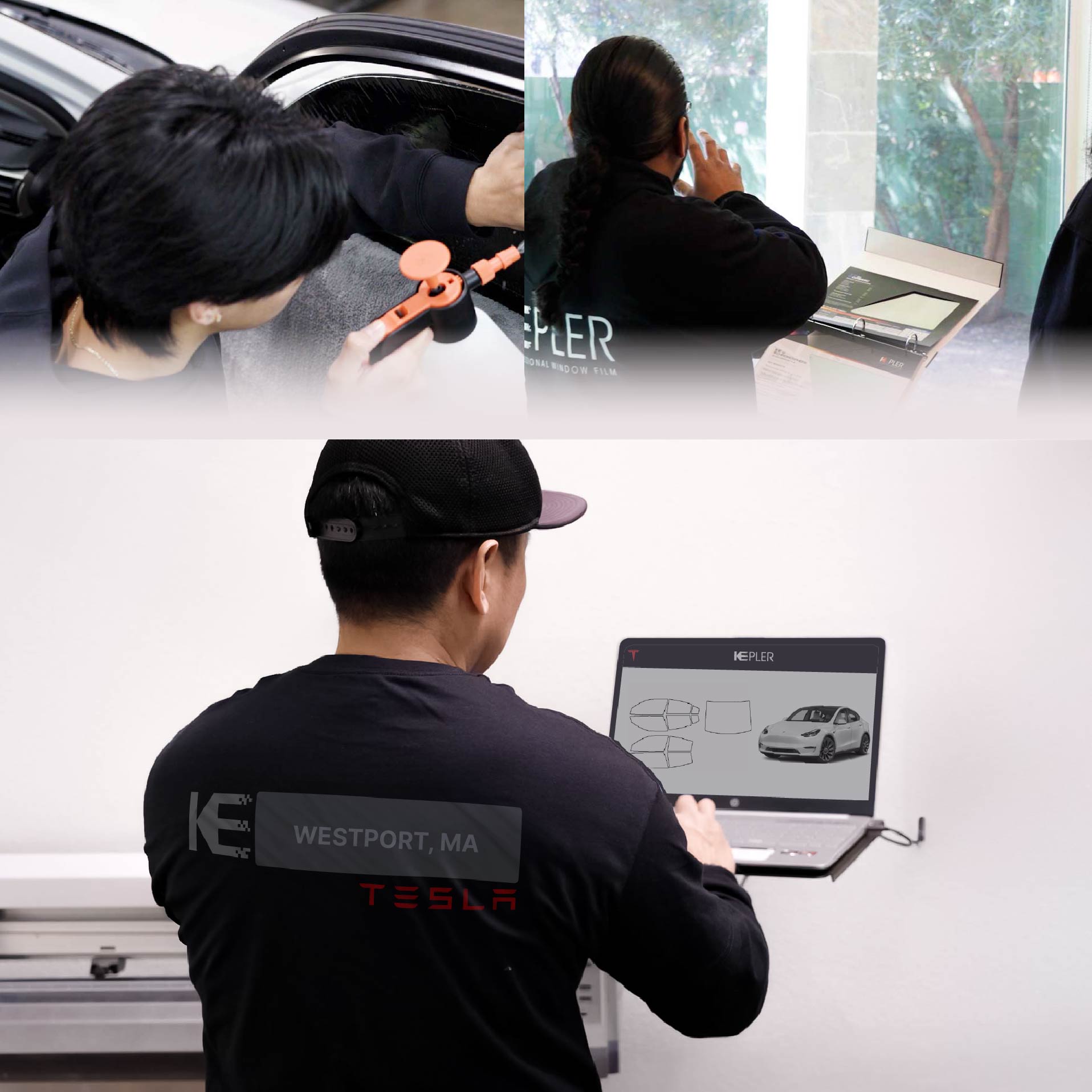 Expert Technician Fitting Ceramic Window Tint to Tesla in Westport