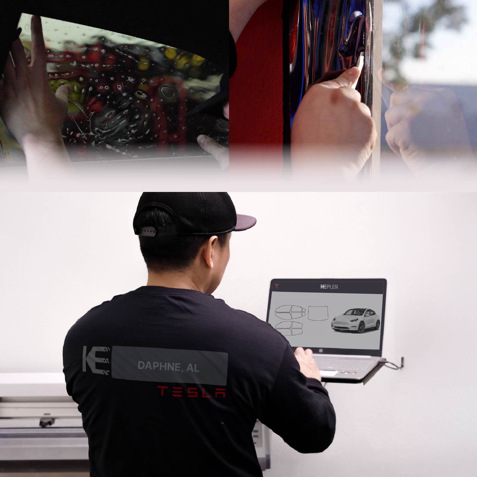 Kepler Technician Installing Advanced Window Tint to Tesla in Daphne