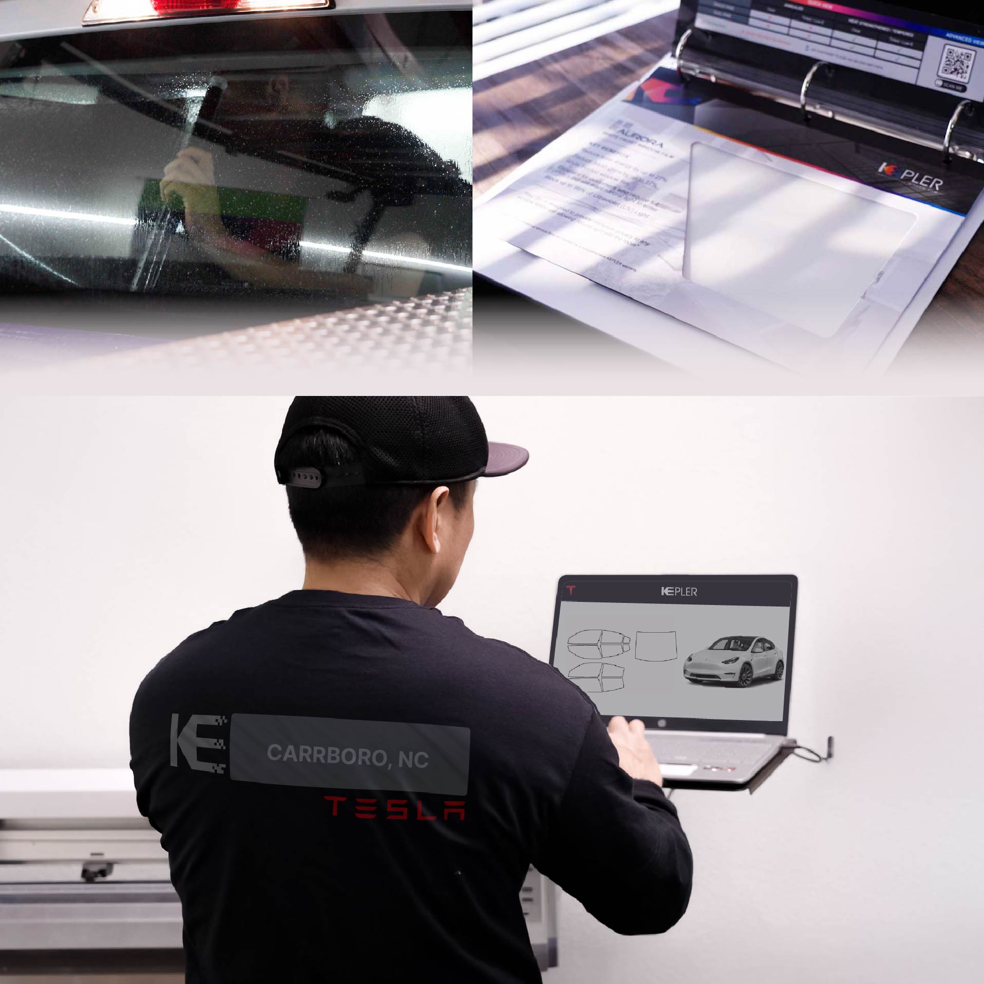 Kepler Technician Fitting Ceramic Window Tint to Tesla in Carrboro