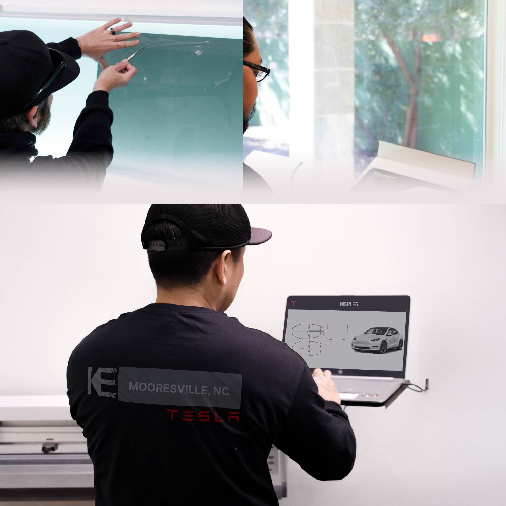 Kepler Technician Applying Ceramic Window Tint to Tesla in Mooresville