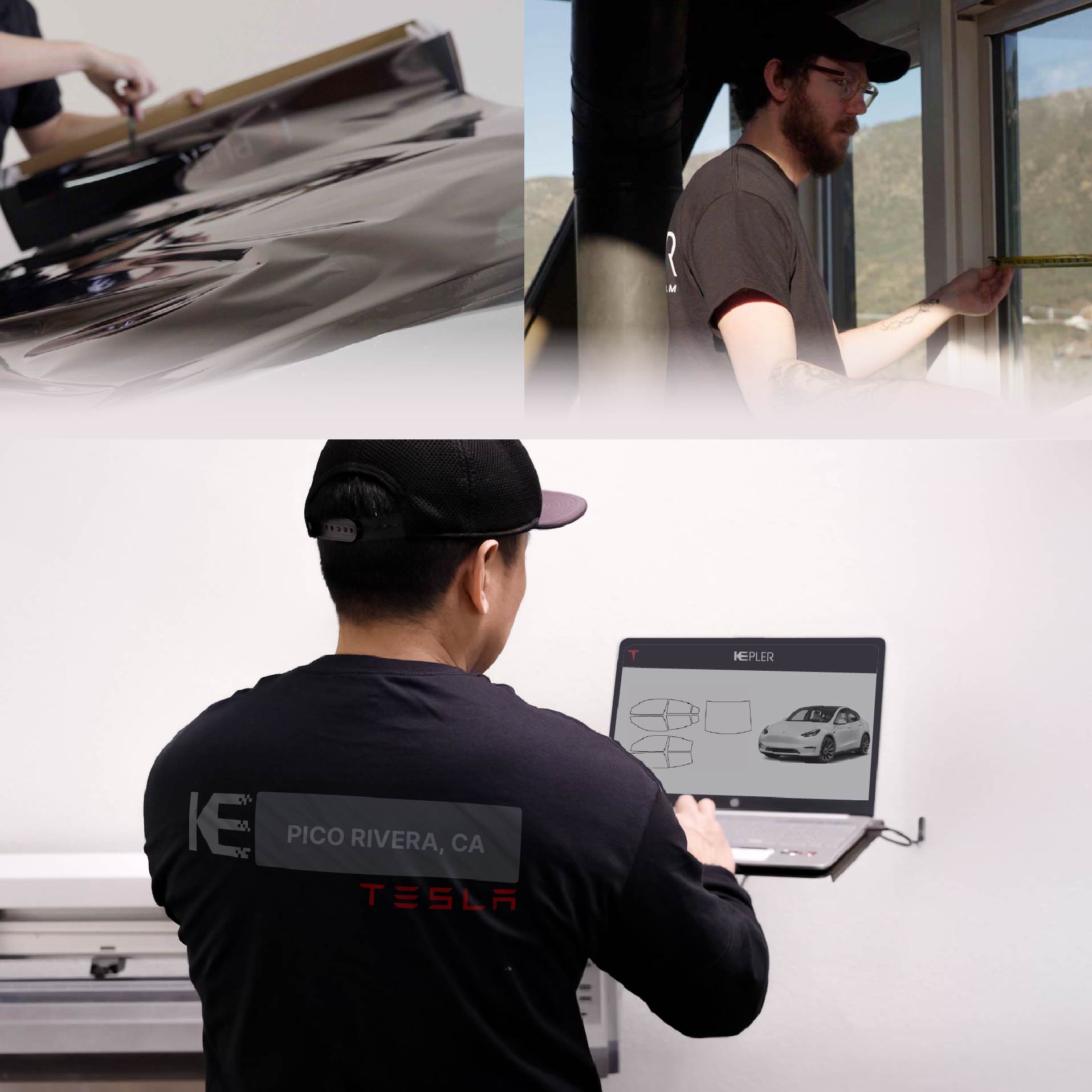 Kepler Technician Applying Advanced Window Tint to Tesla in Pico Rivera