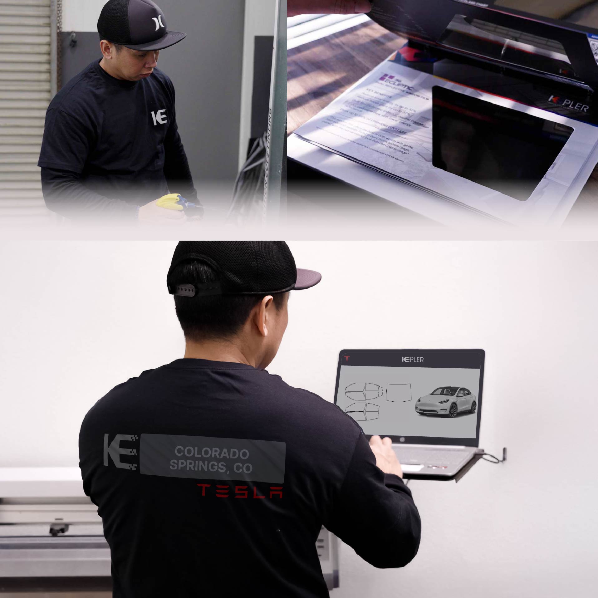 Kepler Technician Applying Ceramic Window Tint to Tesla in Colorado Springs