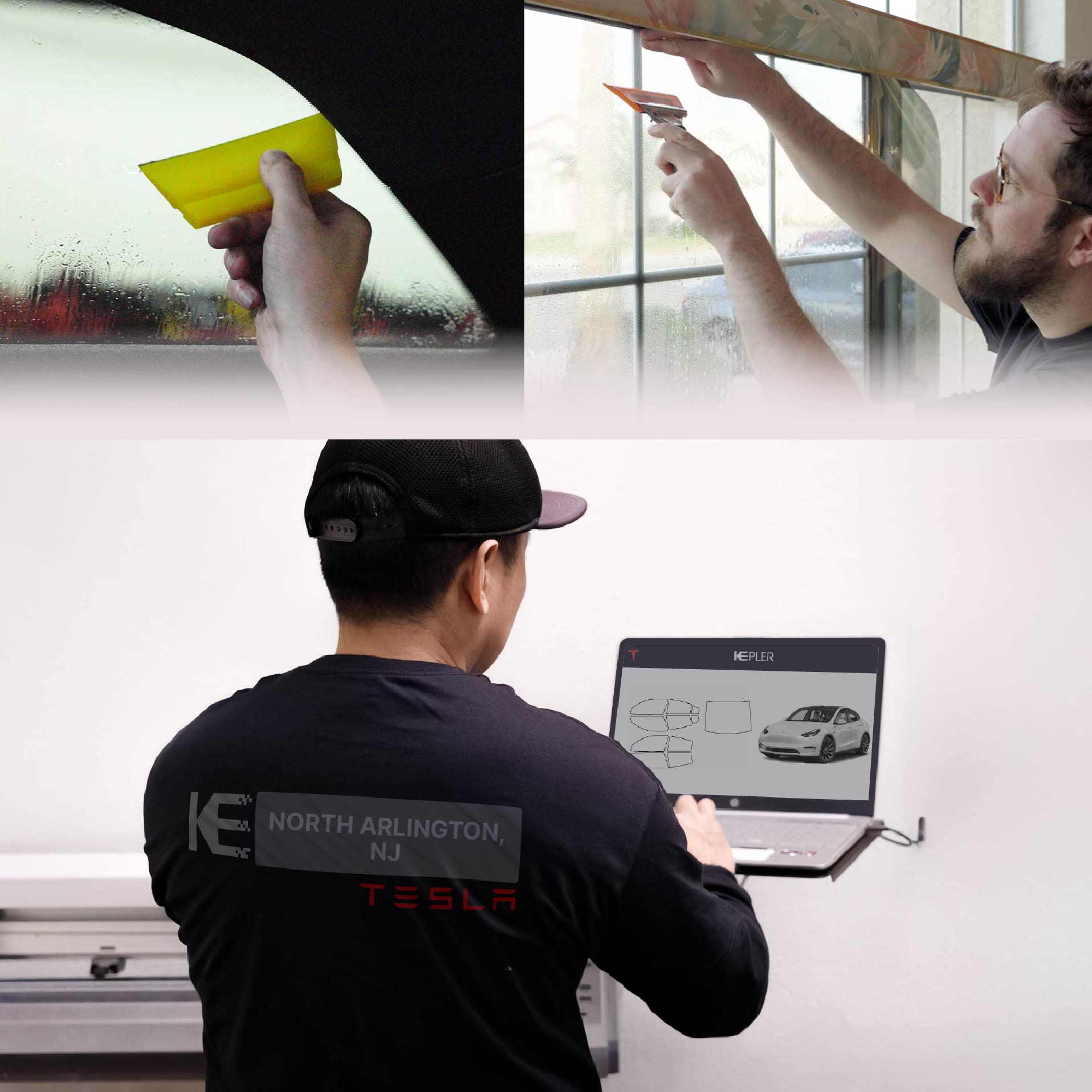 Kepler Technician Applying Advanced Window Tint to Tesla in North Arlington
