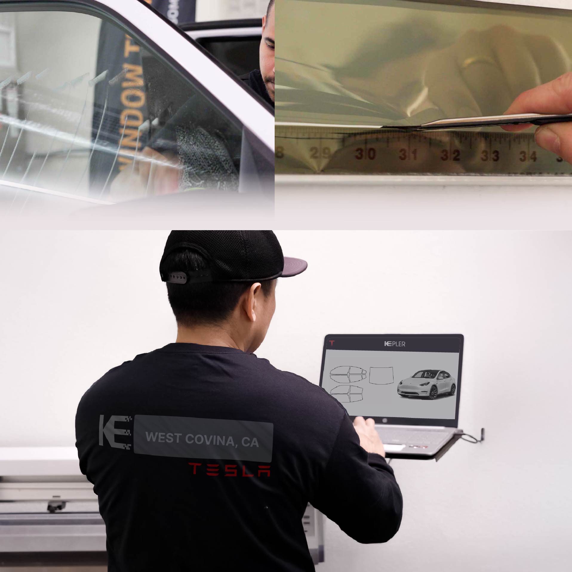 Expert Technician Installing High-tech Window Tint to Tesla in West Covina