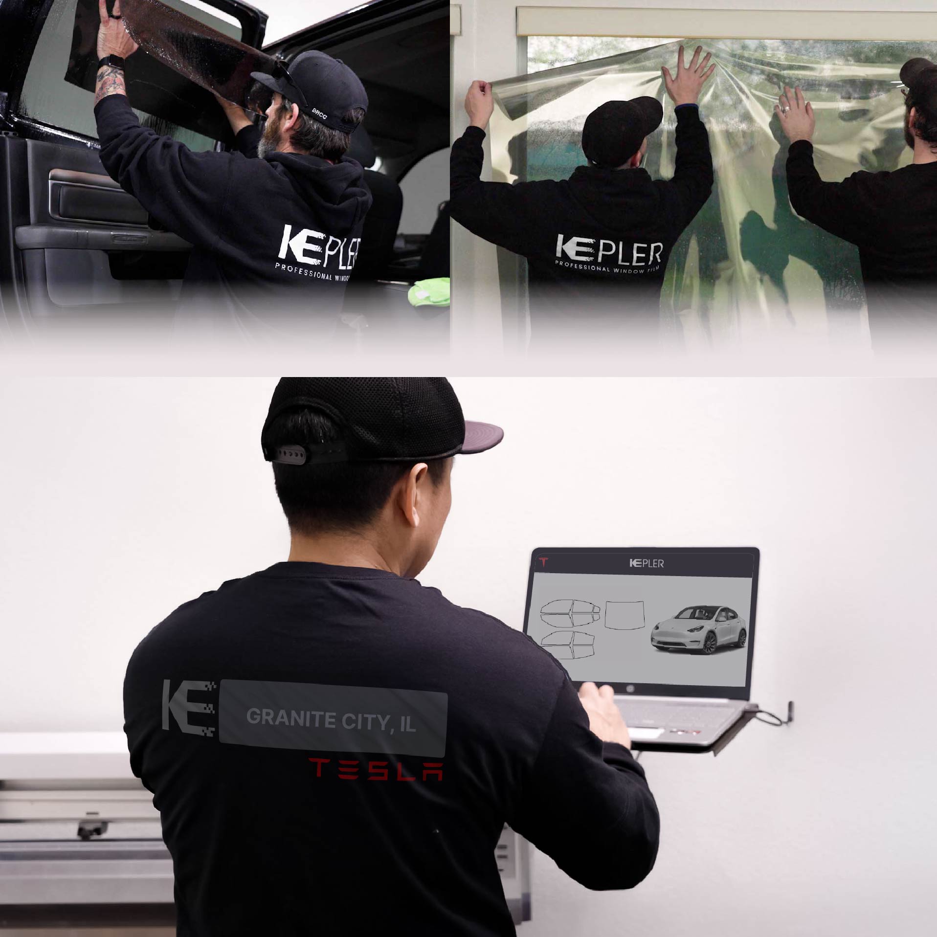 Kepler Technician Applying Advanced Window Tint to Tesla in Granite City