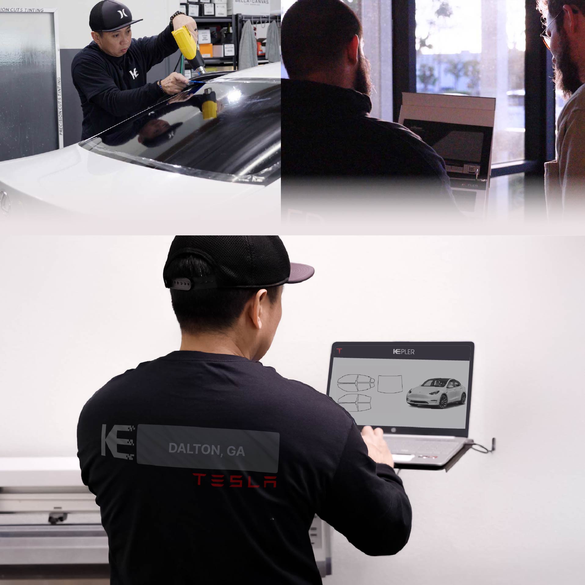 Expert Technician Fitting Advanced Window Tint to Tesla in Dalton